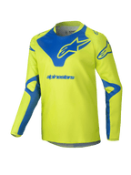 Alpinestars Youth Racer Veil Jersey 2025, maglia da motocross, giallo fluo e blu, maglia tecnica a maniche lunghe, logo Alpinestars blu su petto e spalle, tessuto leggero e traspirante per corse off-road