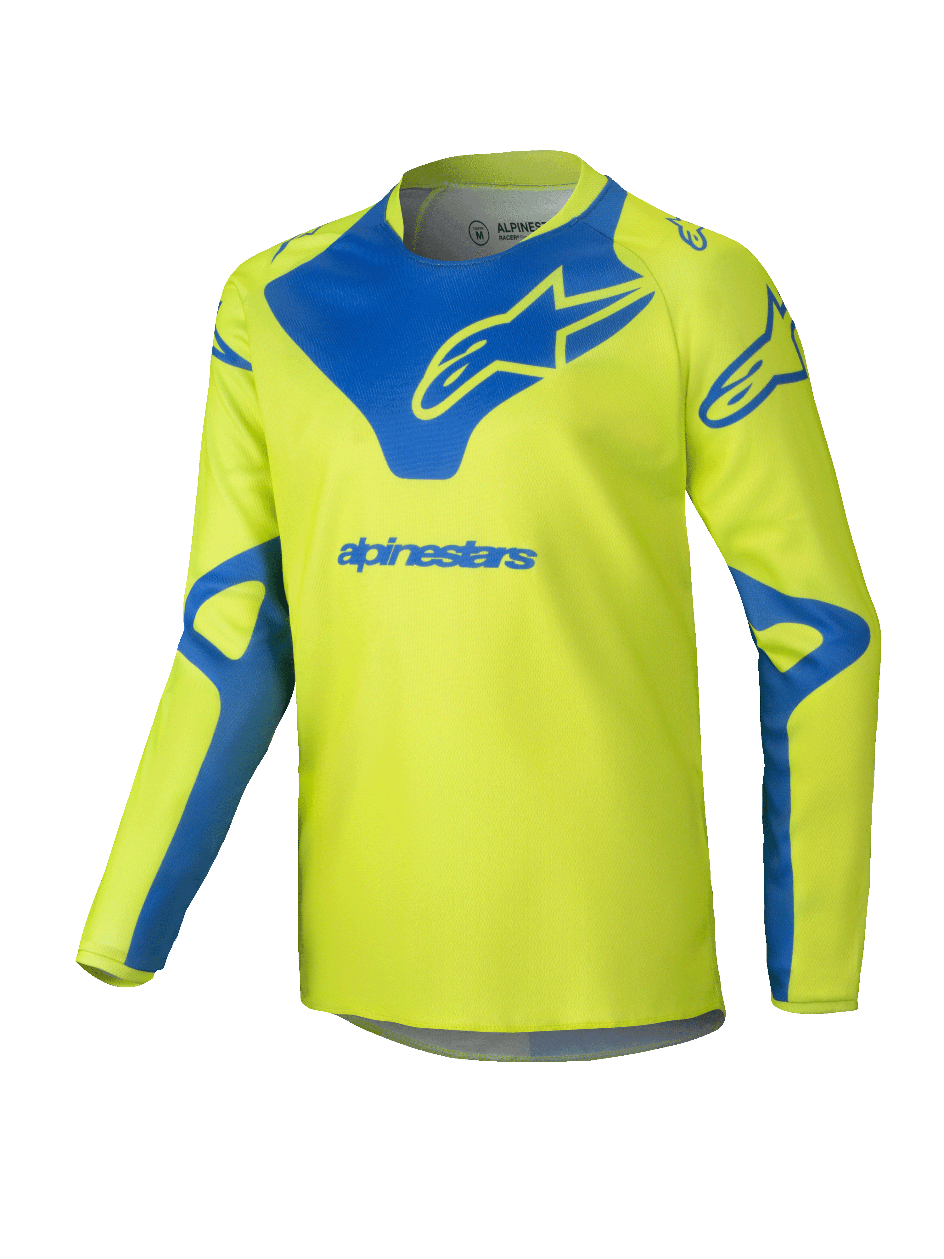 Alpinestars Youth Racer Veil Jersey 2025, maglia da motocross, giallo fluo e blu, maglia tecnica a maniche lunghe, logo Alpinestars blu su petto e spalle, tessuto leggero e traspirante per corse off-road