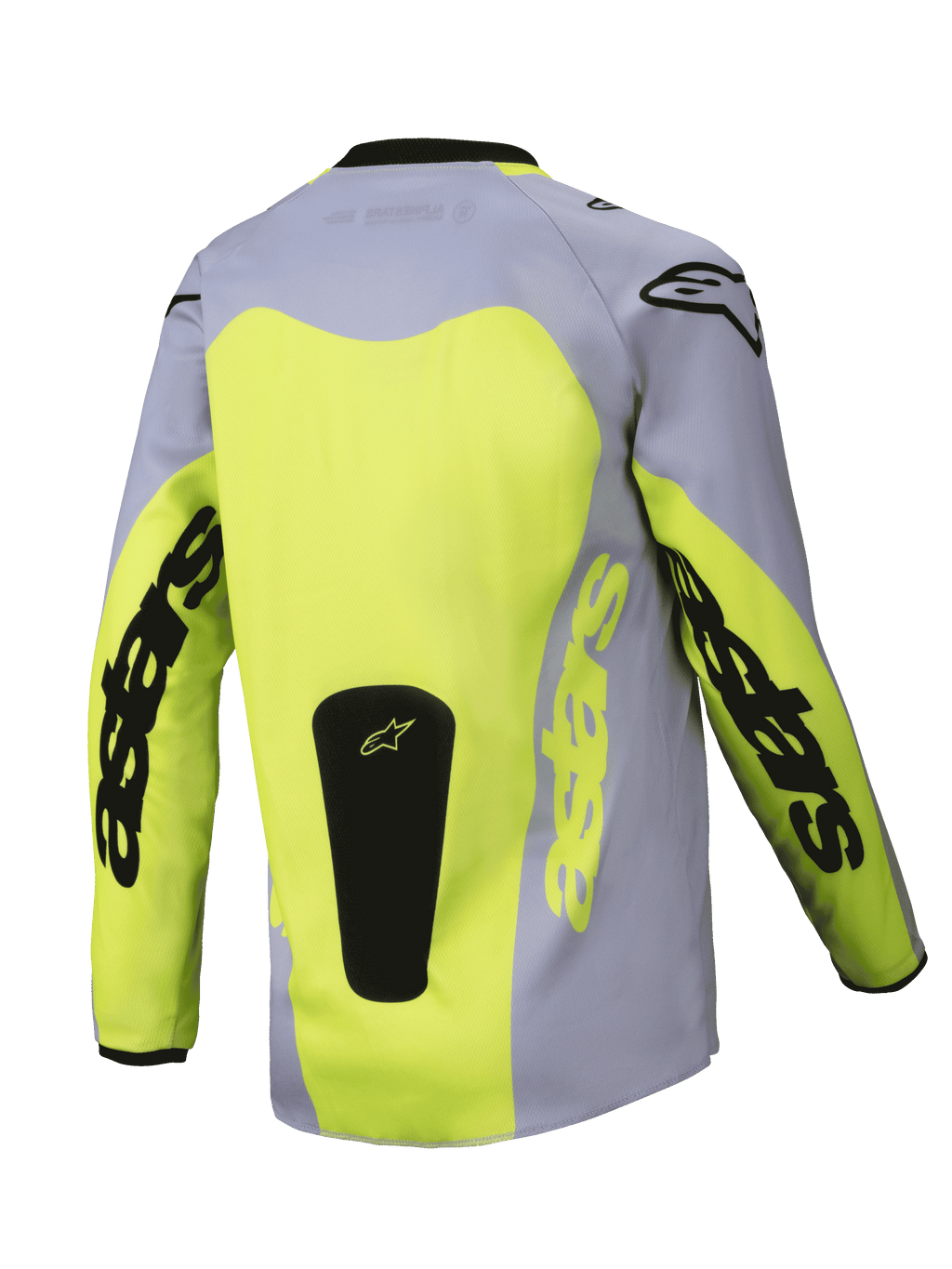 Alpinestars Maglia Youth Racer Veil 2025, vista posteriore, grigio e giallo fluo, con un ampio pannello posteriore giallo e branding Astars sulle maniche, patch con logo nero alla base, abbigliamento da motocross leggero per la guida off-road