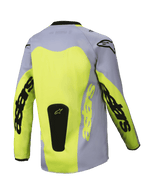 Alpinestars Maglia Youth Racer Veil 2025, vista posteriore, grigio e giallo fluo, con un ampio pannello posteriore giallo e branding Astars sulle maniche, patch con logo nero alla base, abbigliamento da motocross leggero per la guida off-road