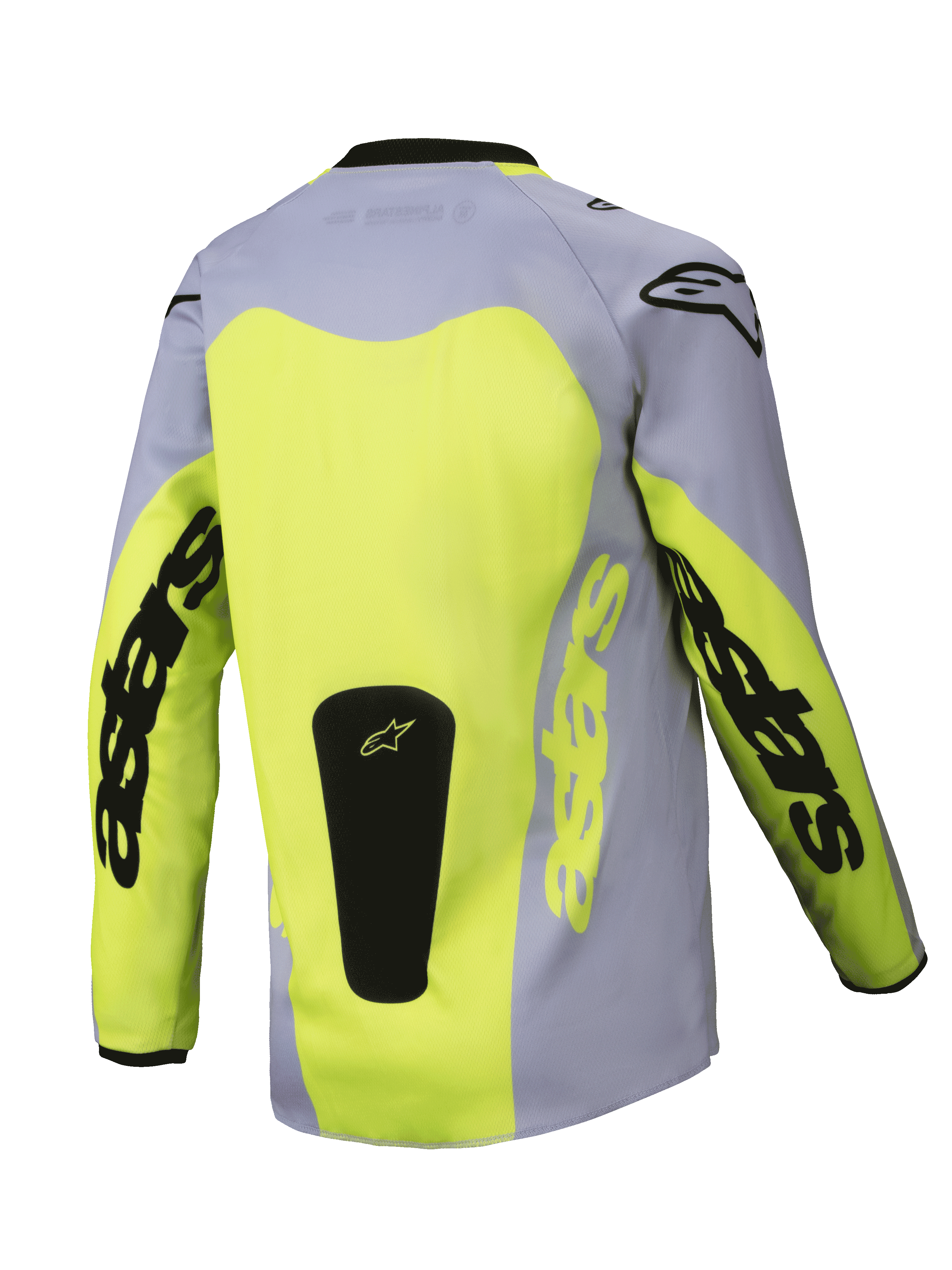 Alpinestars Maglia Youth Racer Veil 2025, vista posteriore, grigio e giallo fluo, con un ampio pannello posteriore giallo e branding Astars sulle maniche, patch con logo nero alla base, abbigliamento da motocross leggero per la guida off-road