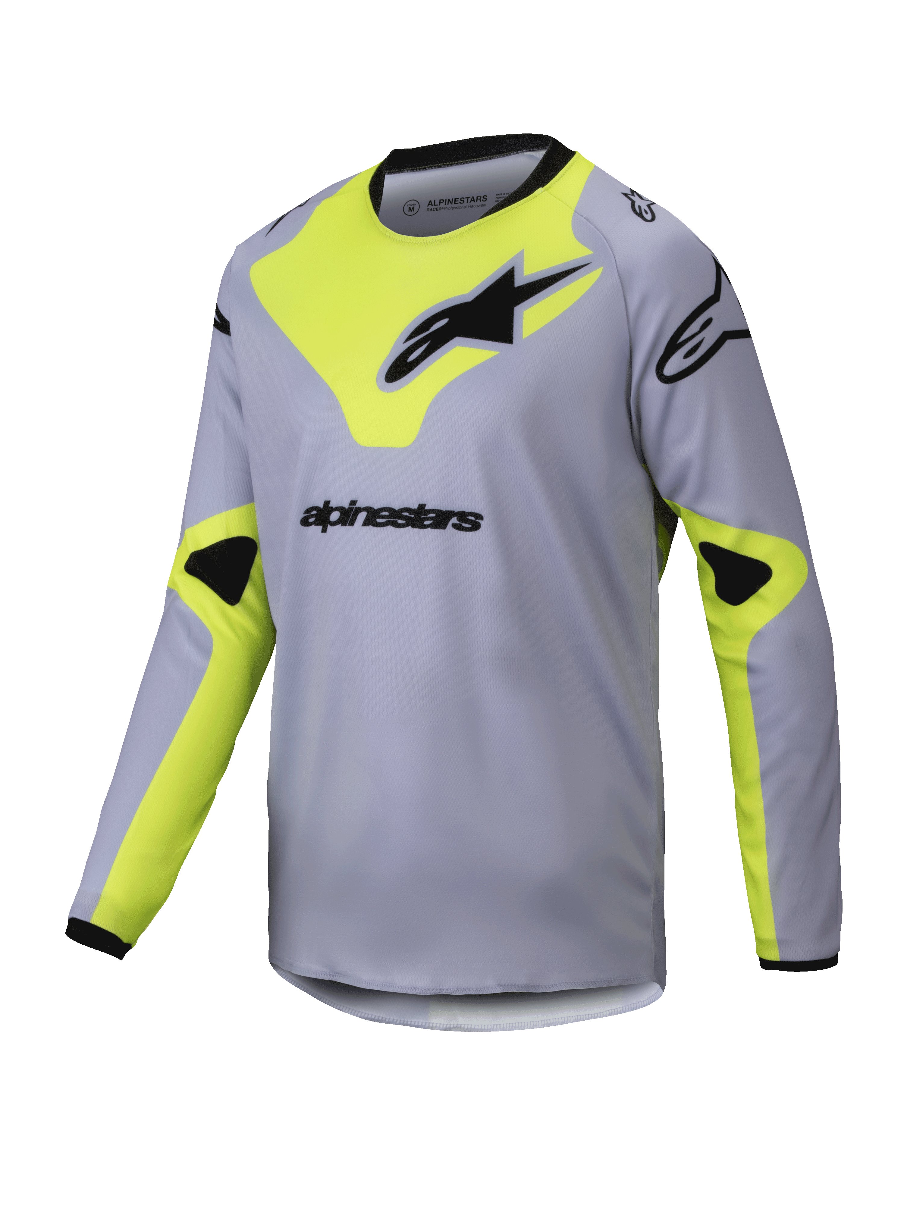 Alpinestars 2025 Youth Racer Veil Jersey, maglia da motocross a maniche lunghe per ragazzi, grigio e giallo fluo, loghi neri, tessuto leggero e traspirante, collo e polsini neri, design geometrico