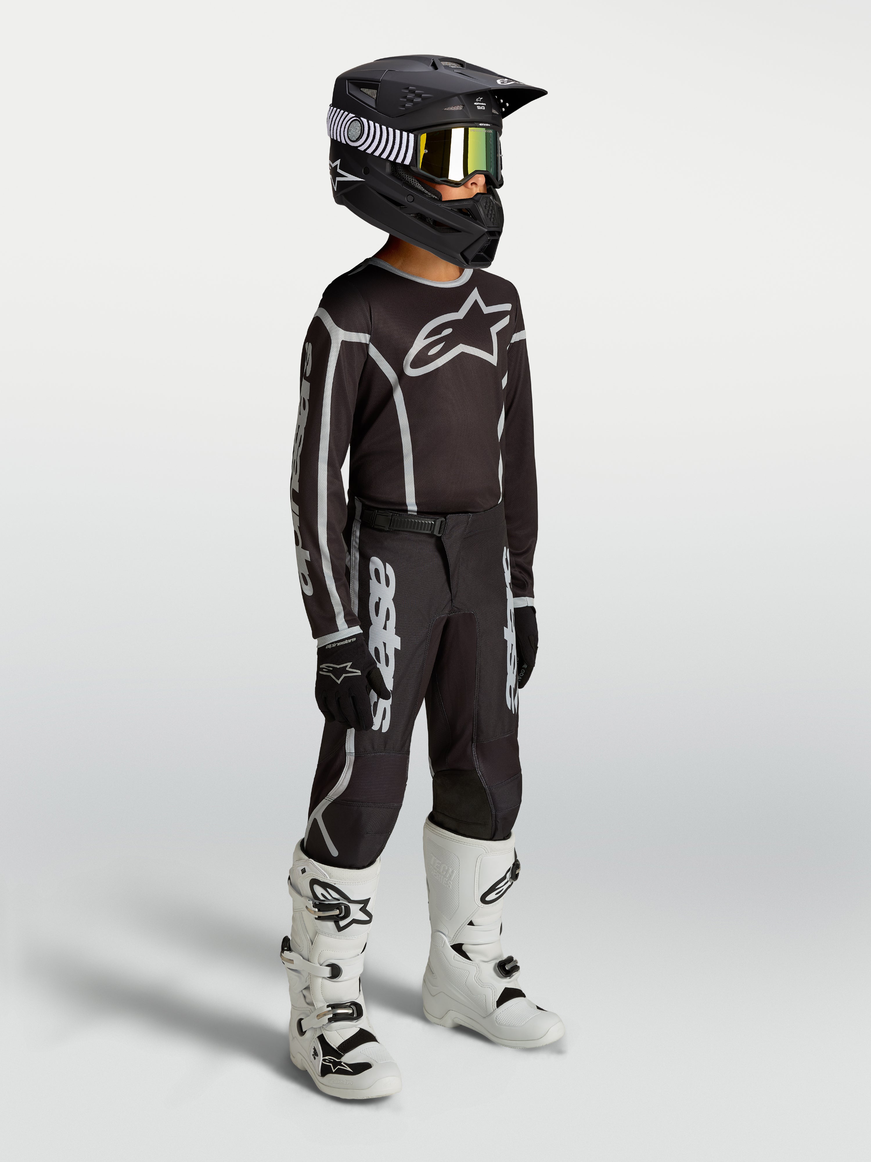 Alpinestars maglia e completo motocross Fluid Apex V2 ragazzo, neri e argento, traspiranti, con casco e stivali bianchi.