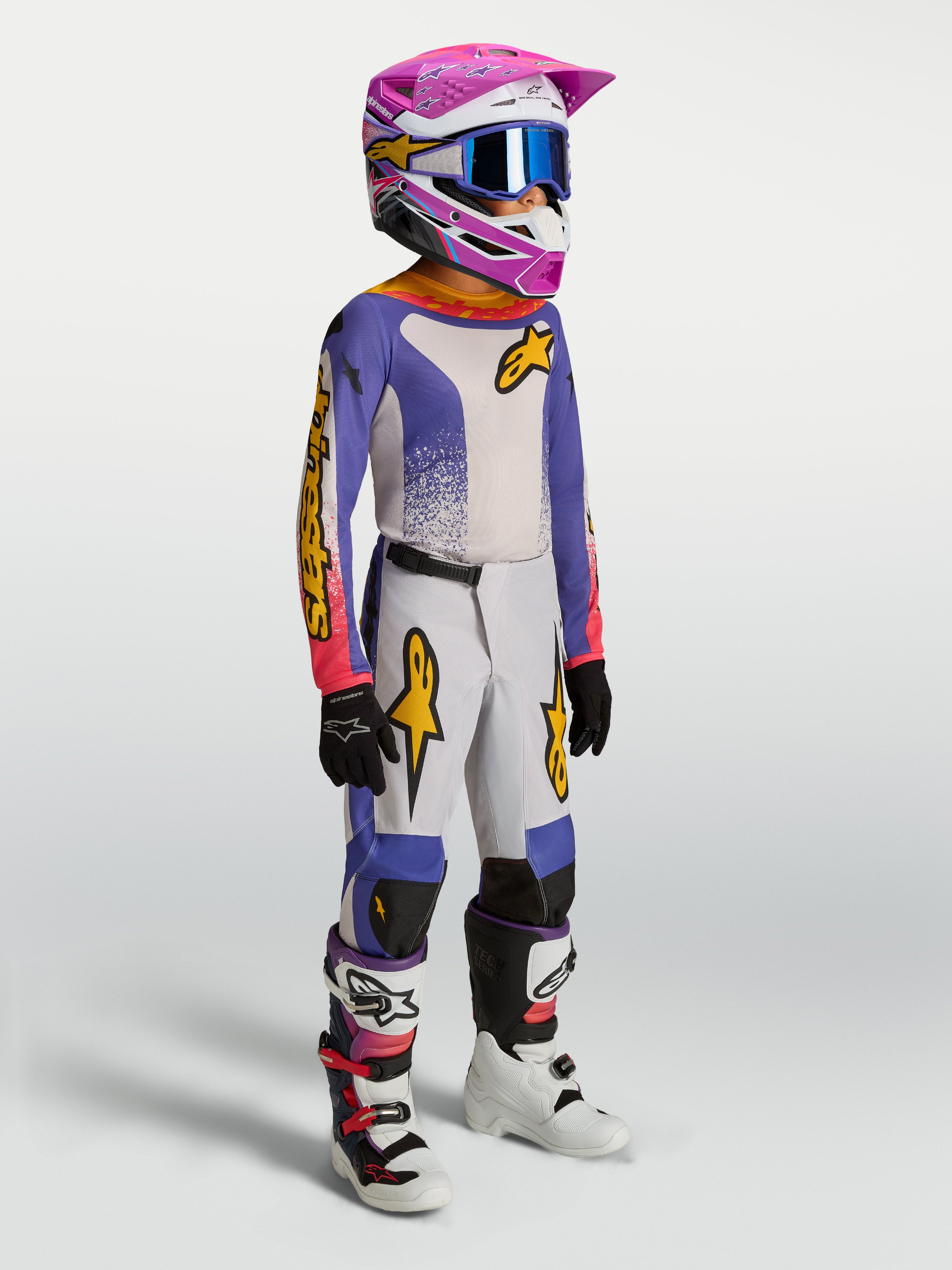 Alpinestars Ragazzo Fluid Drag Gear Set, completo da motocross per ragazzi, blu e bianco con dettagli rosa e oro