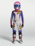 Alpinestars Maglia e Gear Set Fluid Drag Ragazzo 2027, completo da motocross viola e bianco con dettagli oro, look racing.
