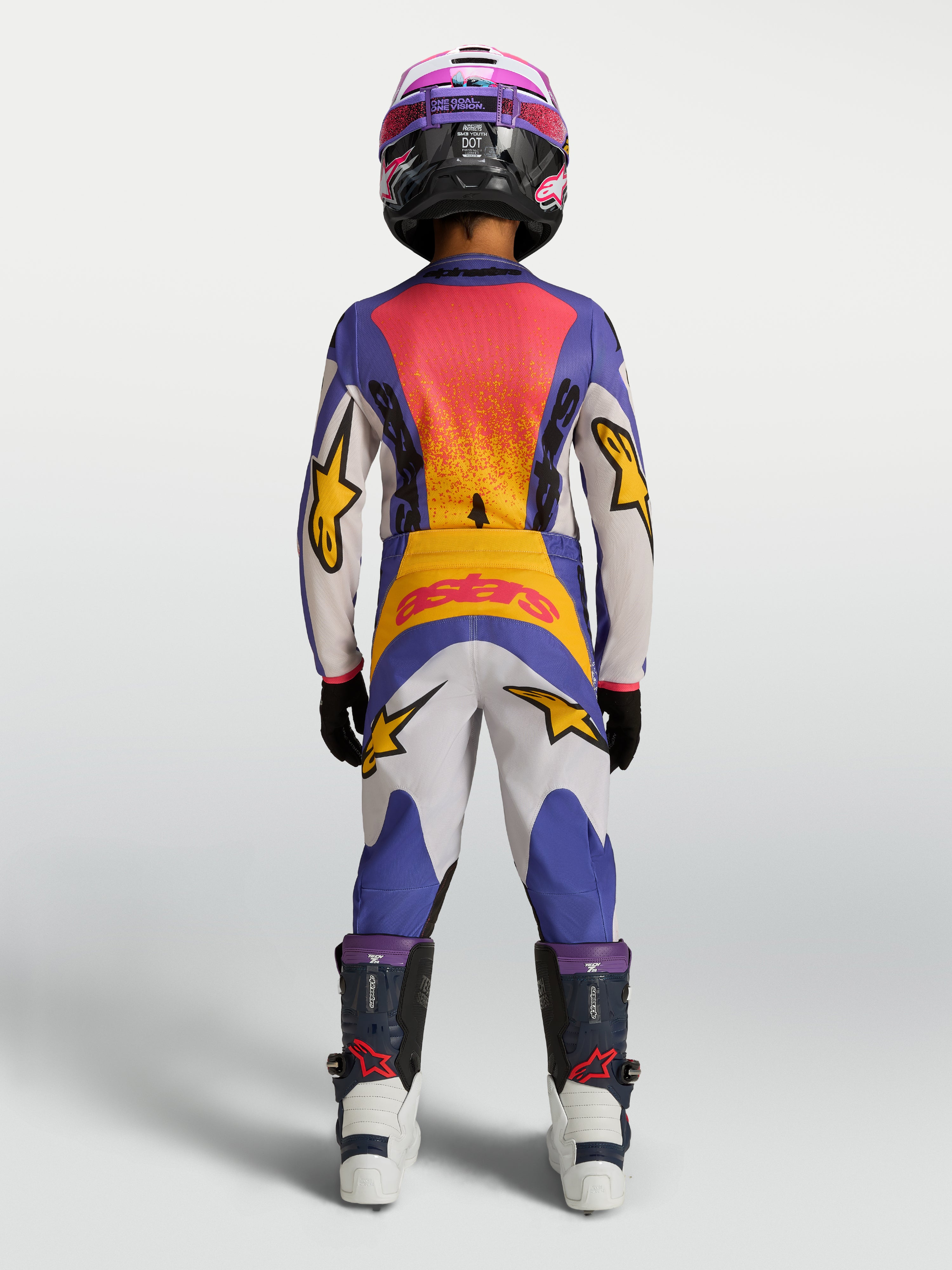 Alpinestars maglia e completo Ragazzo Fluid Drag 2027, kit motocross blu e oro, vista posteriore.