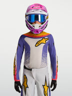 Alpinestars Maglia Fluid Drag Ragazzo 2027, maglia motocross blu e bianca con dettagli oro, tessuto traspirante per off-road.
