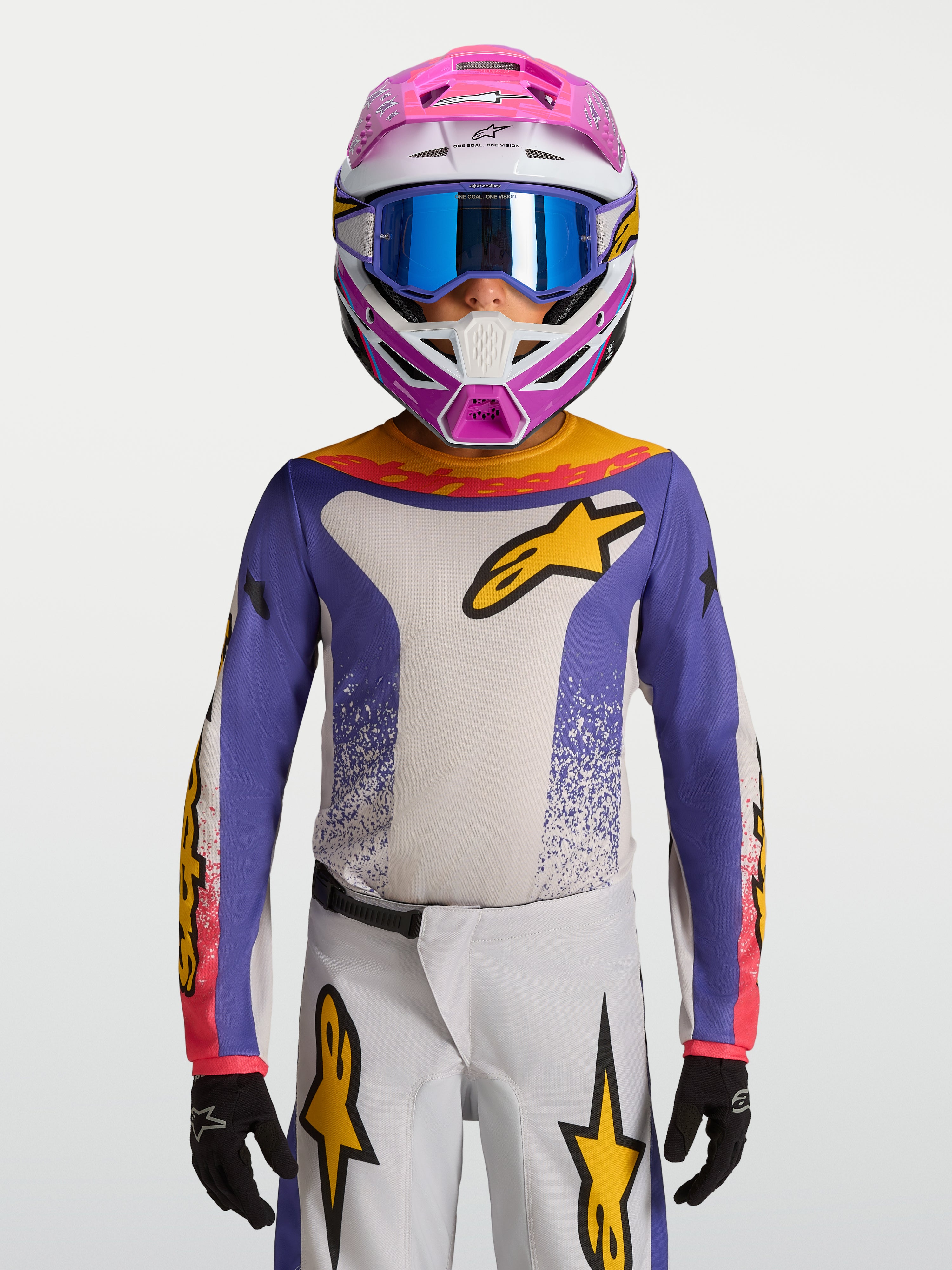 Alpinestars Maglia Fluid Drag Ragazzo 2027, maglia motocross blu e bianca con dettagli oro, tessuto traspirante per off-road.