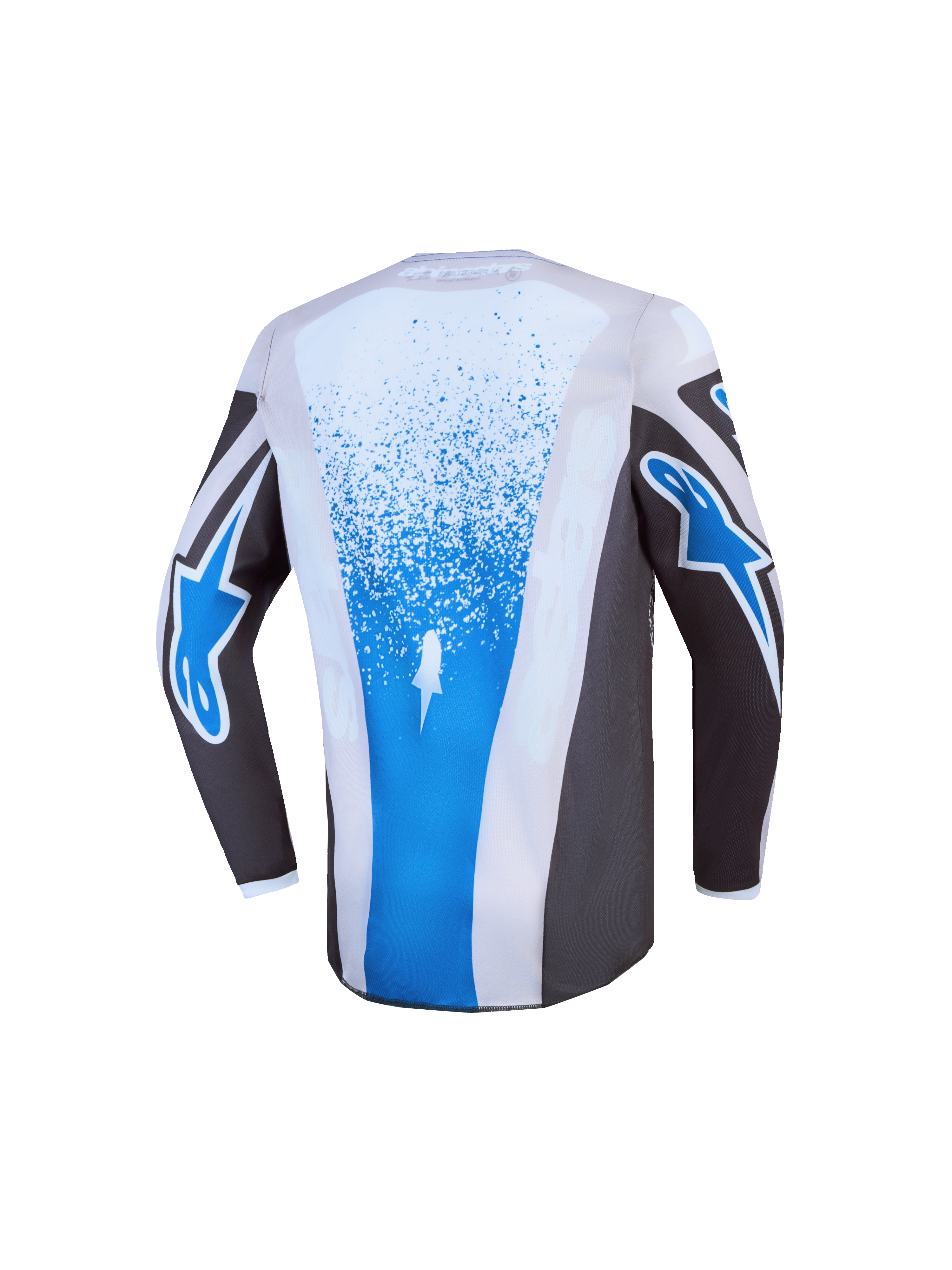 Alpinestars Maglia Fluid Drag Ragazzo 2027, maglia da motocross grigia e blu, schiena allungata per comfort in gara.