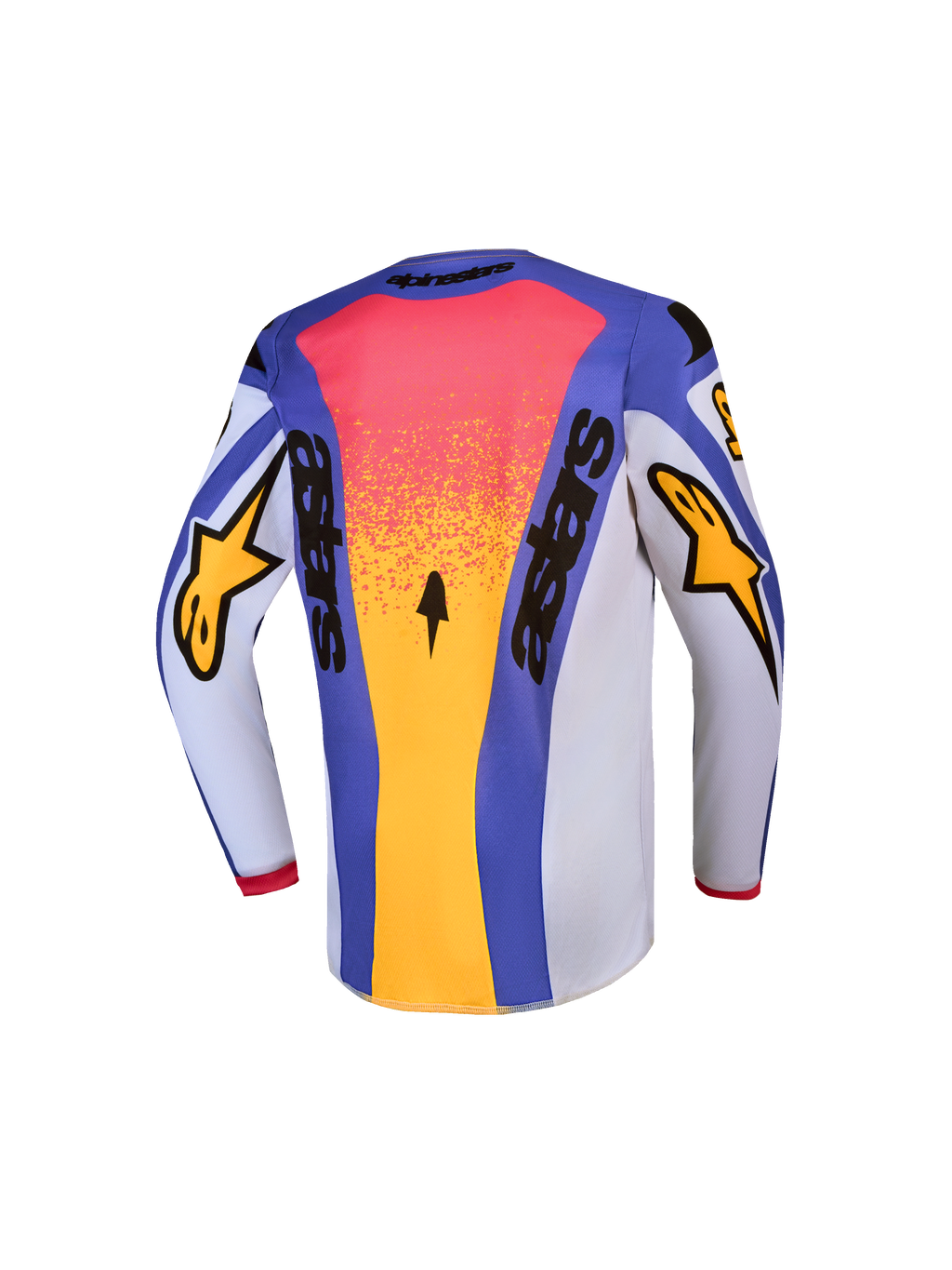 Alpinestars maglia Fluid Drag Ragazzo, maglia da motocross blu e oro, vista posteriore, poliestere traspirante.