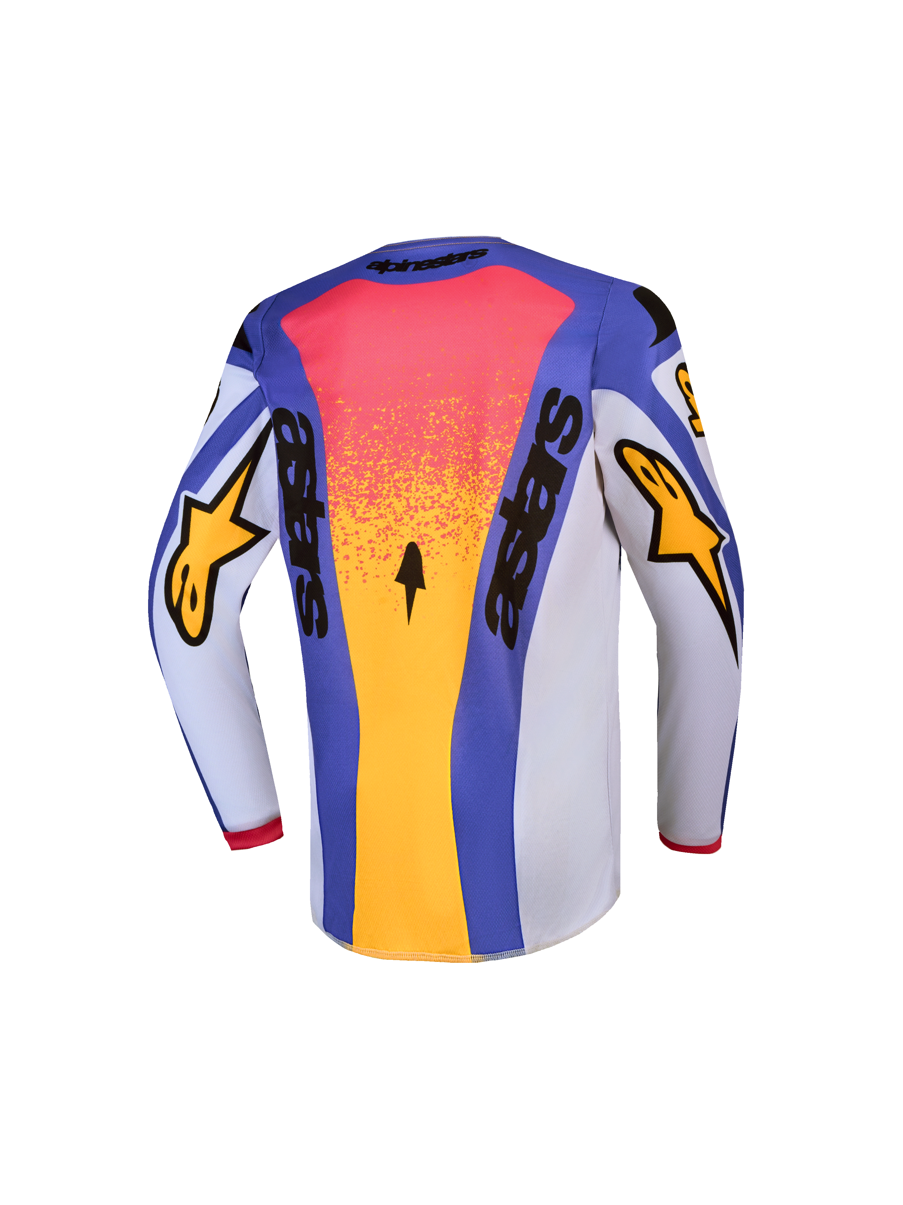 Alpinestars maglia Fluid Drag Ragazzo, maglia da motocross blu e oro, vista posteriore, poliestere traspirante.