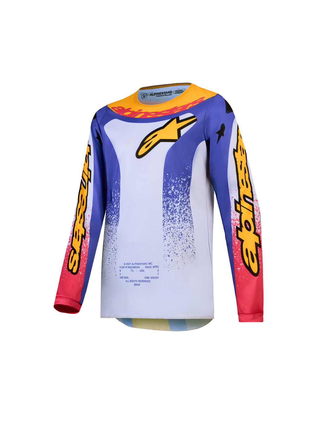 Alpinestars Maglia Fluid Drag Ragazzo 2027, maglia da motocross traspirante blu e bianca con grafiche racing gialle e rosse