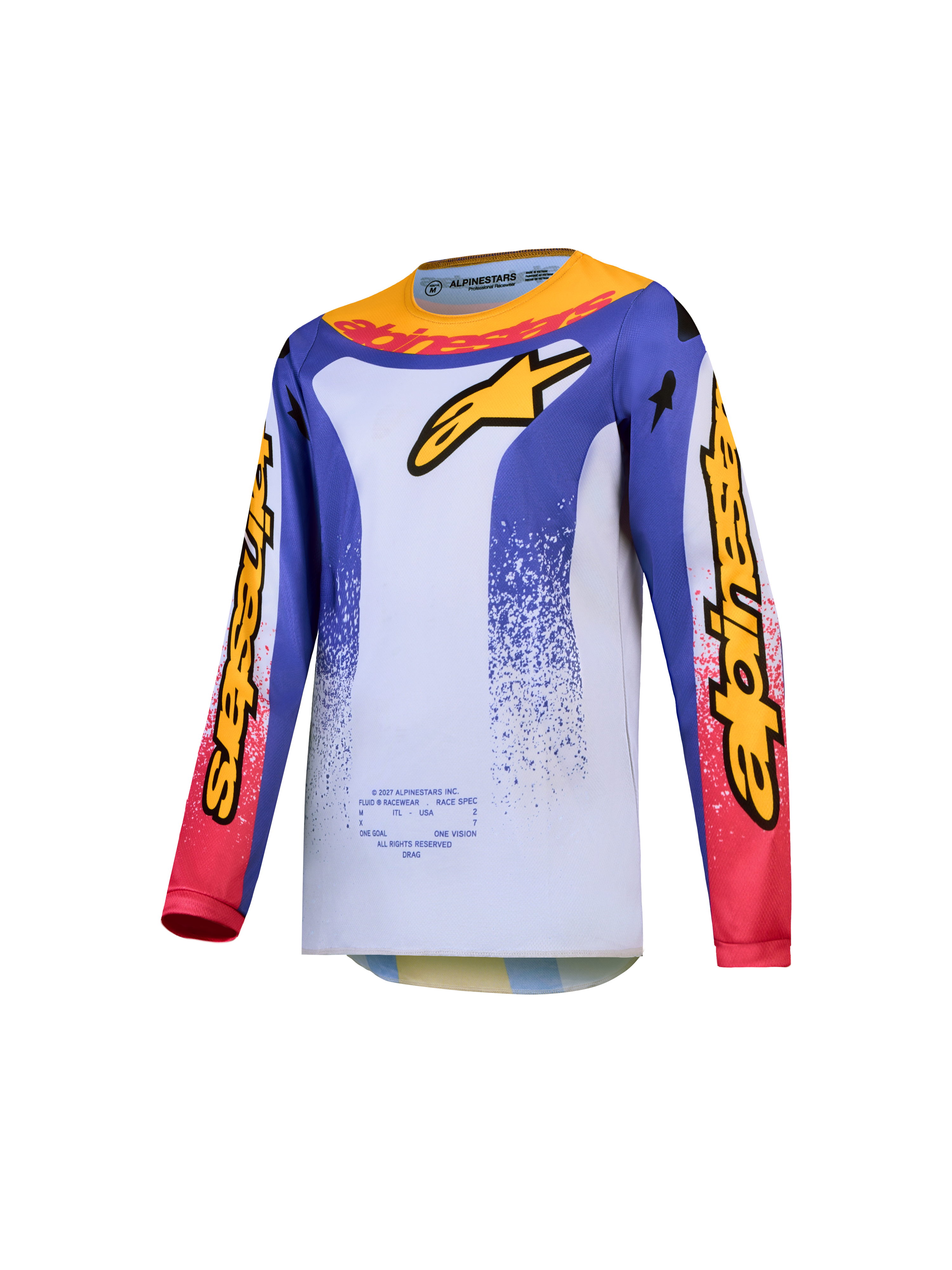 Alpinestars Maglia Fluid Drag Ragazzo 2027, maglia da motocross traspirante blu e bianca con grafiche racing gialle e rosse