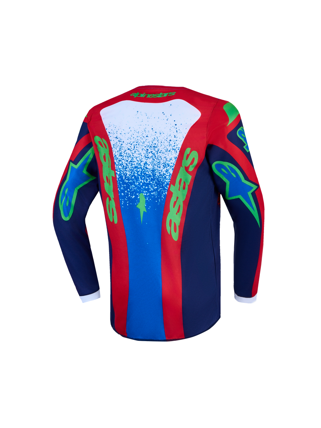 Alpinestars maglia Fluid Drag ragazzo, maglia da motocross blu e rossa con grafiche verdi, vista posteriore, tessuto traspirante.