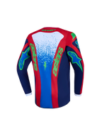 Alpinestars maglia Fluid Drag ragazzo, maglia da motocross blu e rossa con grafiche verdi, vista posteriore, tessuto traspirante.