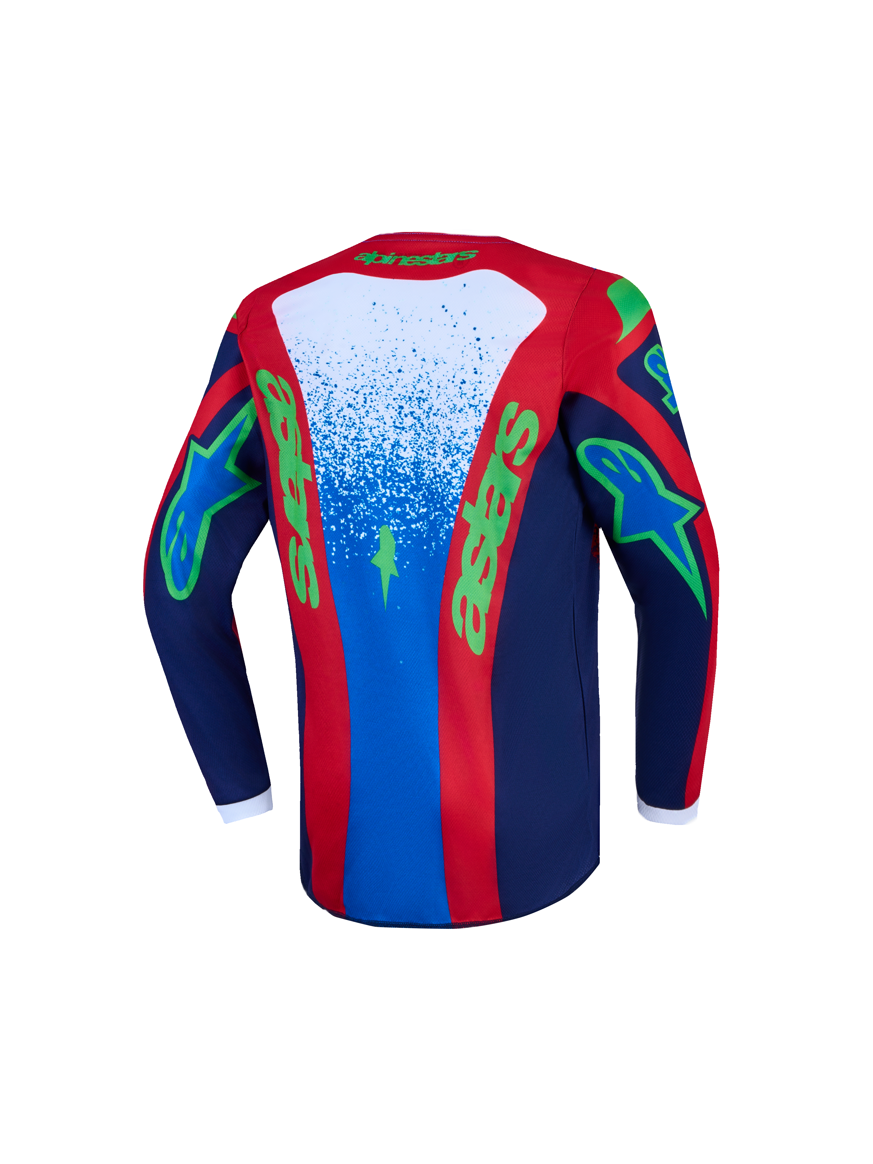 Alpinestars maglia Fluid Drag ragazzo, maglia da motocross blu e rossa con grafiche verdi, vista posteriore, tessuto traspirante.