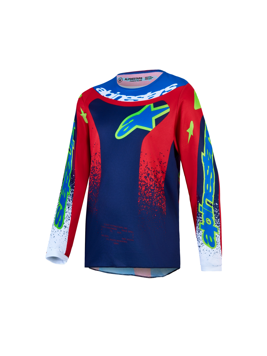 Alpinestars Maglia Fluid Drag Ragazzo 2027, maglia da motocross blu navy e rosso fuoco, in tessuto tecnico traspirante con design ergonomico per giovani piloti.