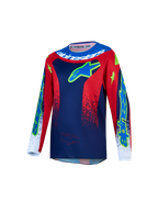 Alpinestars Maglia Fluid Drag Ragazzo 2027, maglia da motocross blu navy e rosso fuoco, in tessuto tecnico traspirante con design ergonomico per giovani piloti.