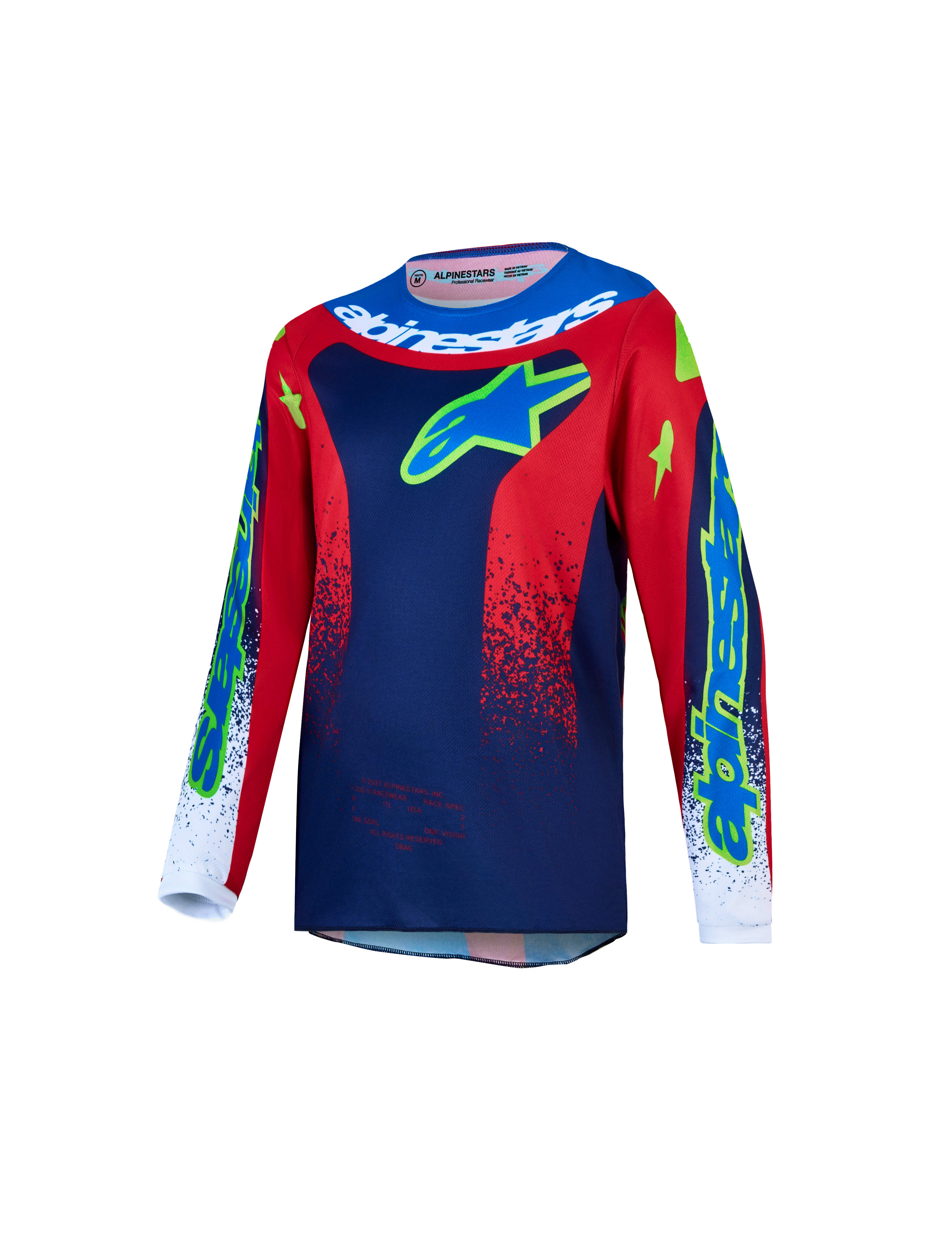 Alpinestars Maglia Fluid Drag Ragazzo 2027, maglia da motocross blu navy e rosso fuoco, in tessuto tecnico traspirante con design ergonomico per giovani piloti.