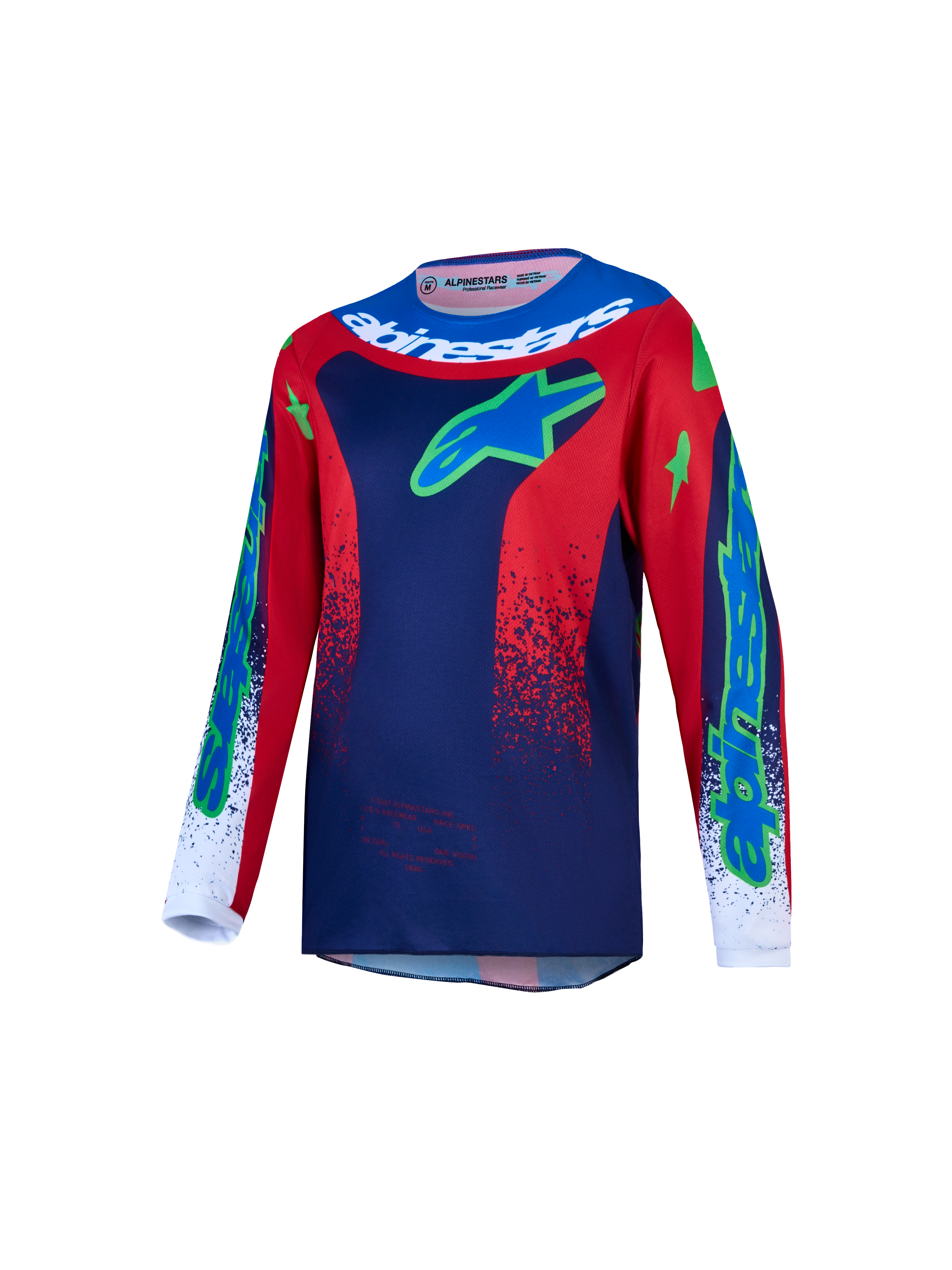 Alpinestars maglia Fluid Drag ragazzo, maglia da motocross per ragazzi, blu e rosso, tessuto tecnico traspirante, design ergonomico per prestazioni off-road.
