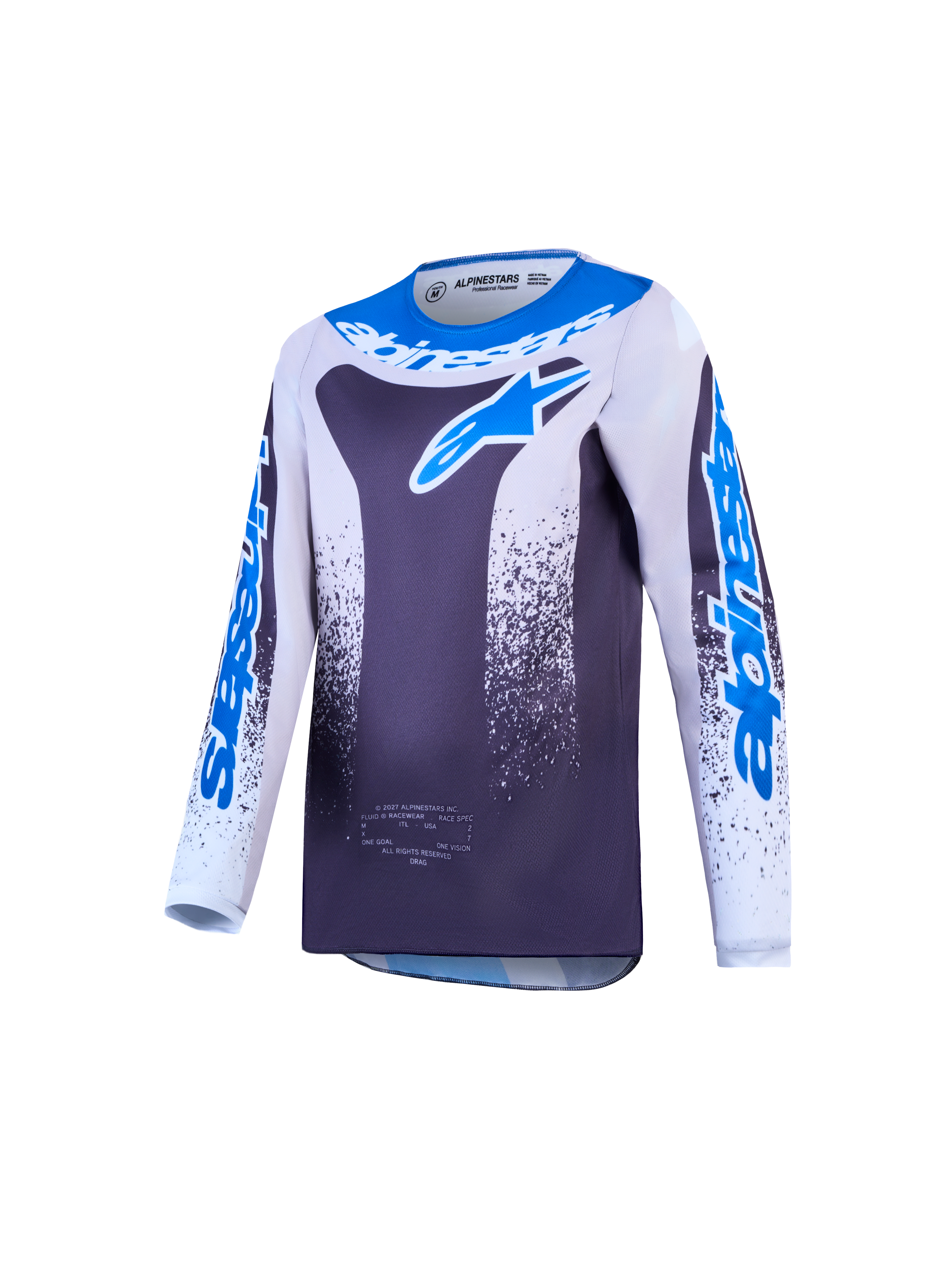 Alpinestars Maglia Fluid Drag Ragazzo, maglia da motocross per ragazzi, grigio e blu, tessuto traspirante per performance fuoristrada, design ergonomico atletico.