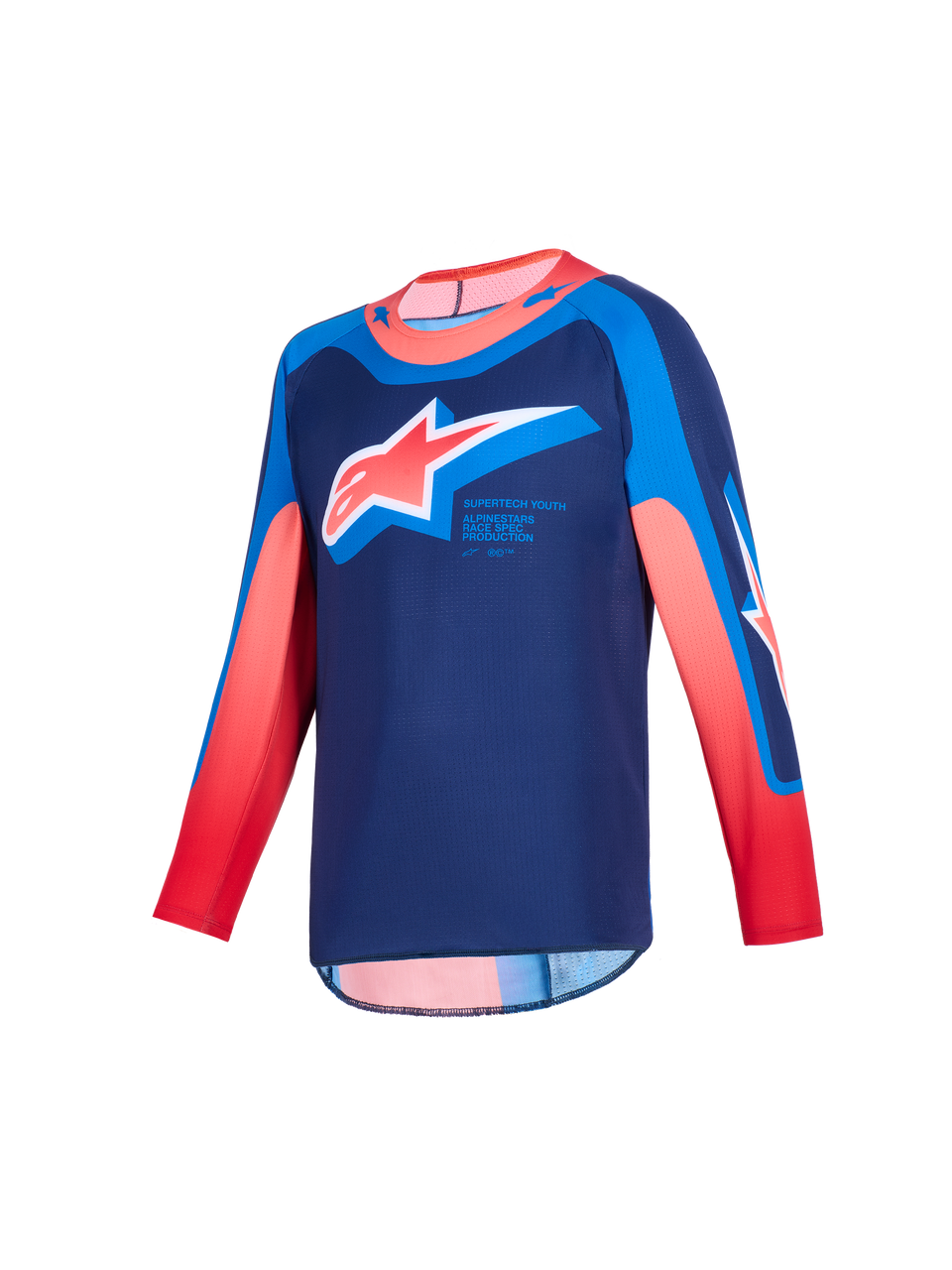 Alpinestars Maglia Youth Supertech Vista 2026, maglia da motocross, Dark Navy, Hot Coral e Cobalt, vista frontale con grande logo A-star sul petto, vestibilità race fit a maniche lunghe in mesh elasticizzato per ragazzi