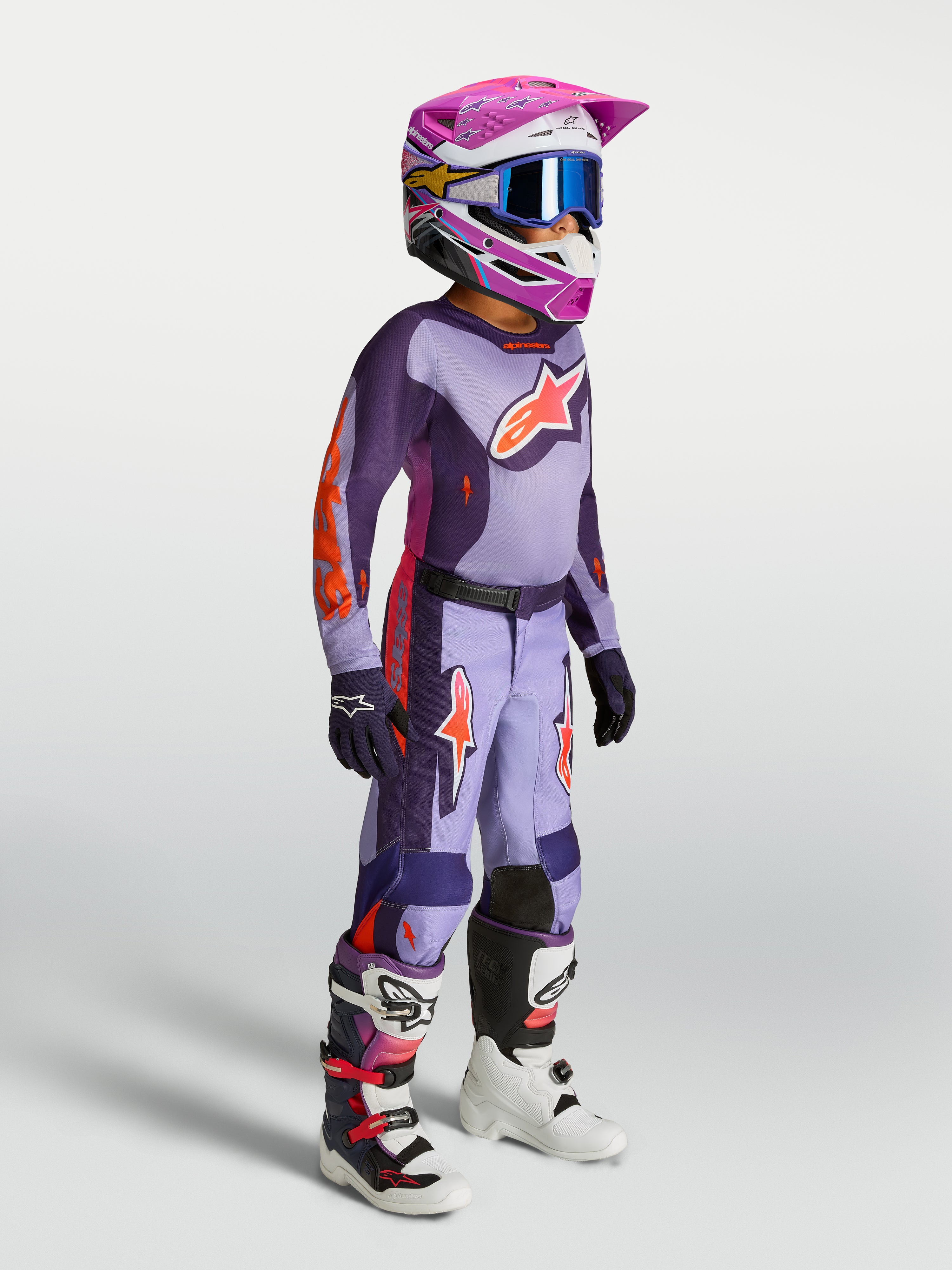 Alpinestars Ragazzo Fluid Hunt Gear Set 2027, maglia e pantaloni da motocross viola e rosa fluo, per fuoristrada