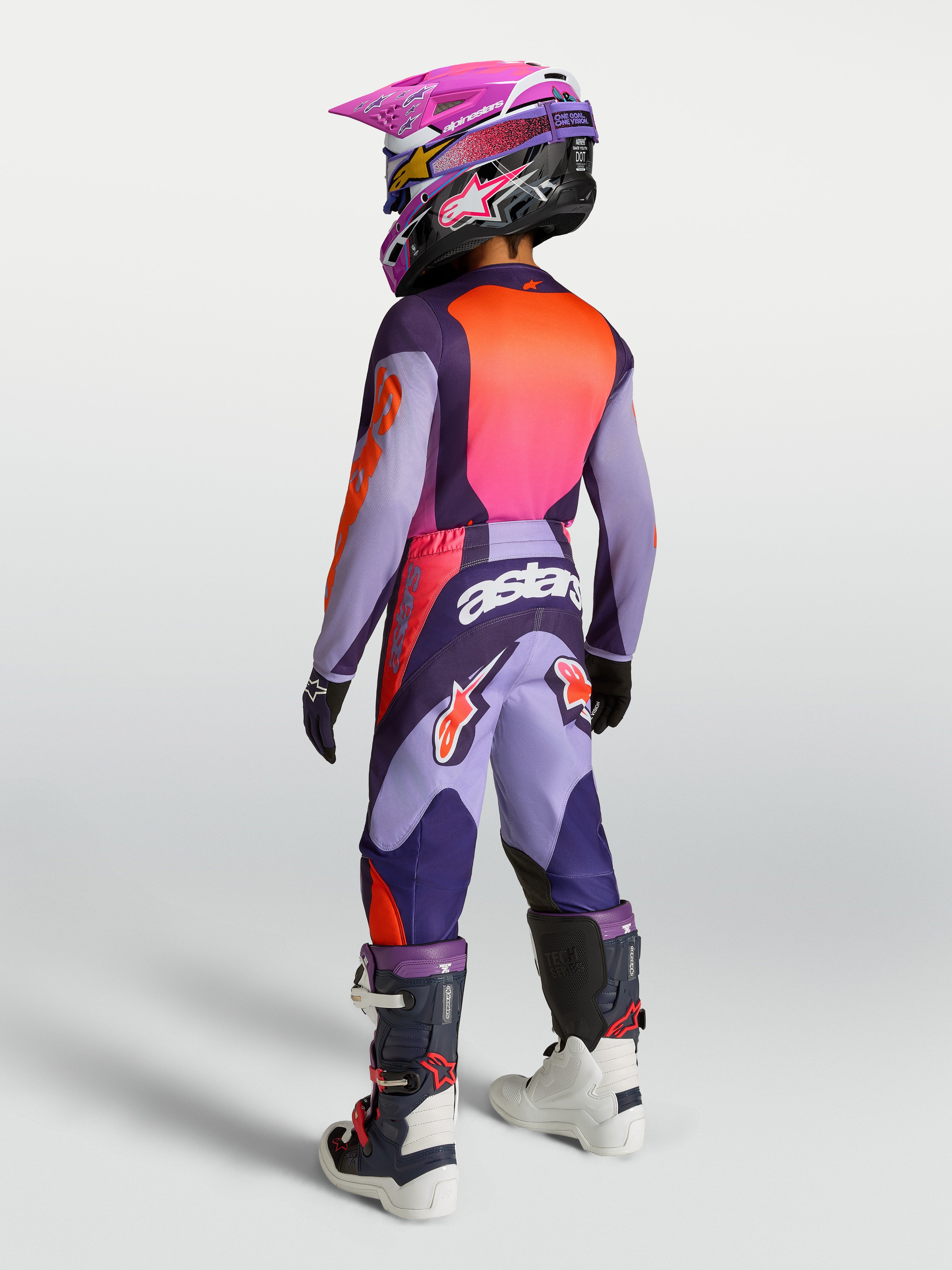 Alpinestars Maglia Fluid Hunt Ragazzo 2027 e Gear Set, completo motocross viola e rosa fluo, vista posteriore