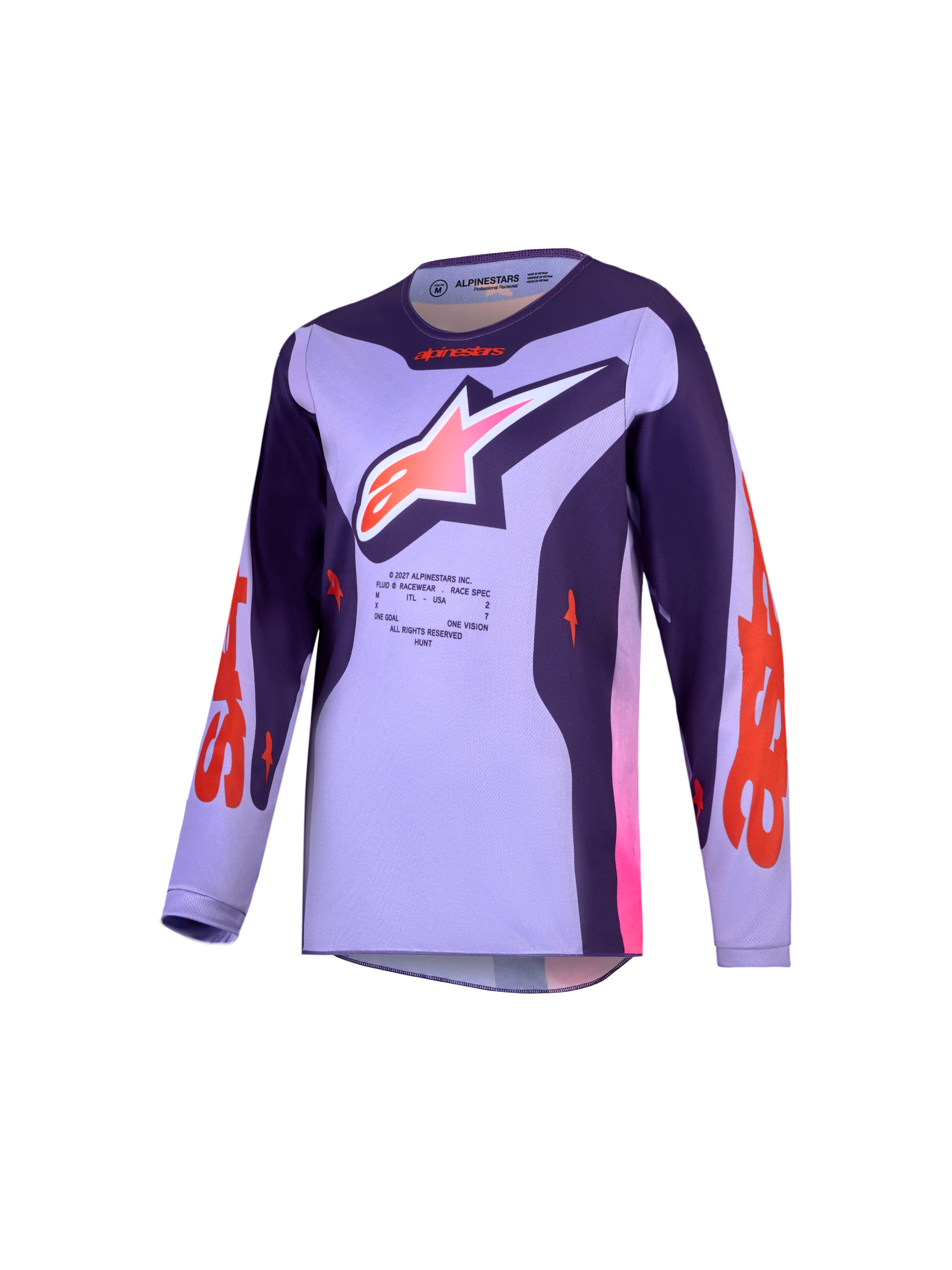 Alpinestars Maglia Fluid Hunt Ragazzo, maglia da motocross per ragazzi, viola chiaro e viola scuro, tessuto tecnico traspirante, grafica racing con logo frontale