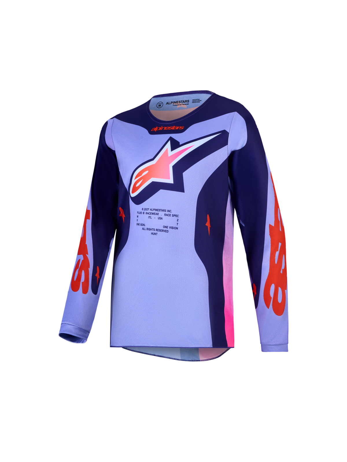 Alpinestars Youth Fluid Hunt Jersey and Gear Set, purple and pink MX racing top, breathable moisture-wicking textile.