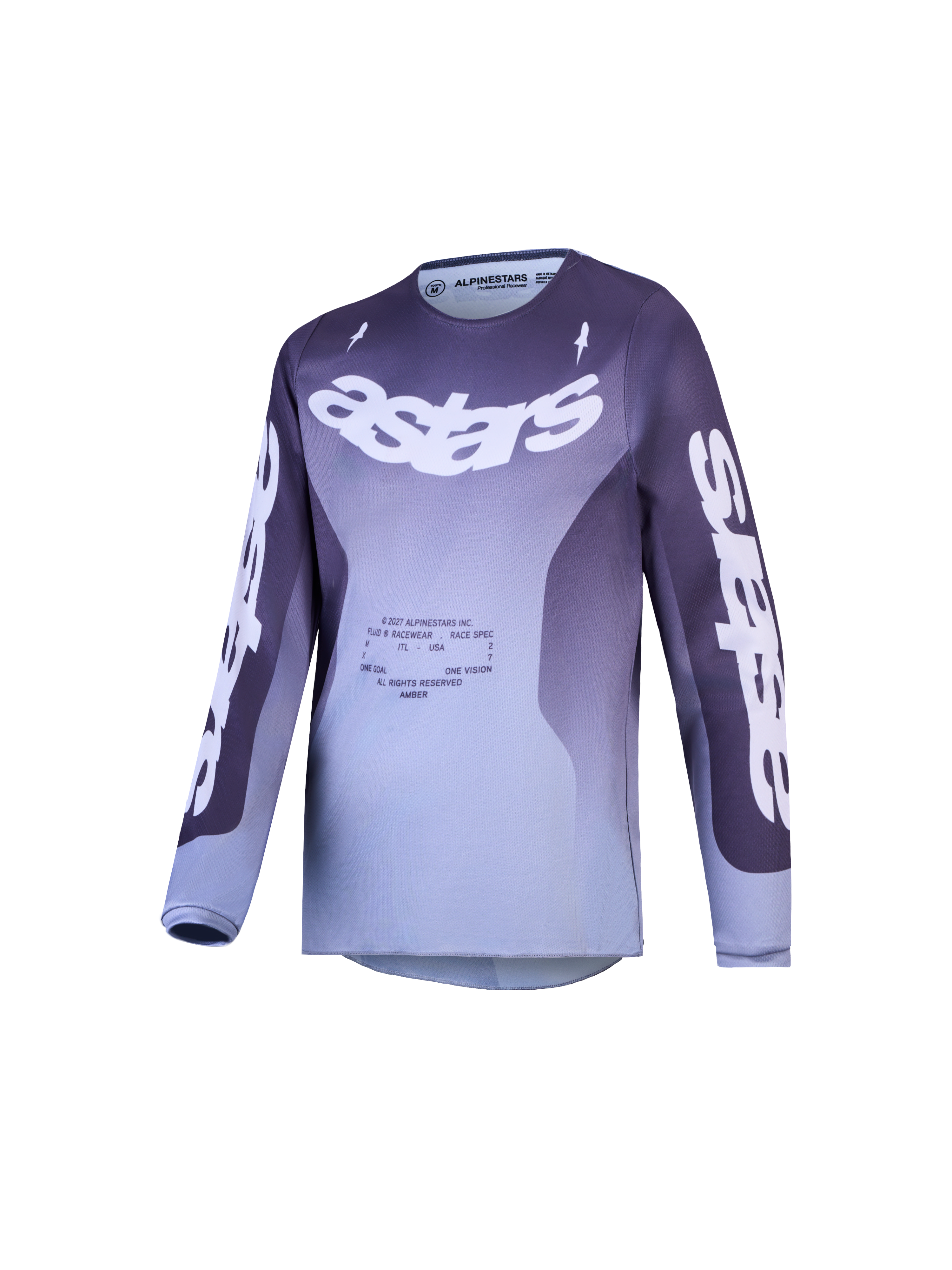Alpinestars Maglia Fluid Amber da ragazzo, maglia da corsa motocross con sfumatura viola e grigia, grande logo Astars bianco e design off-road performante