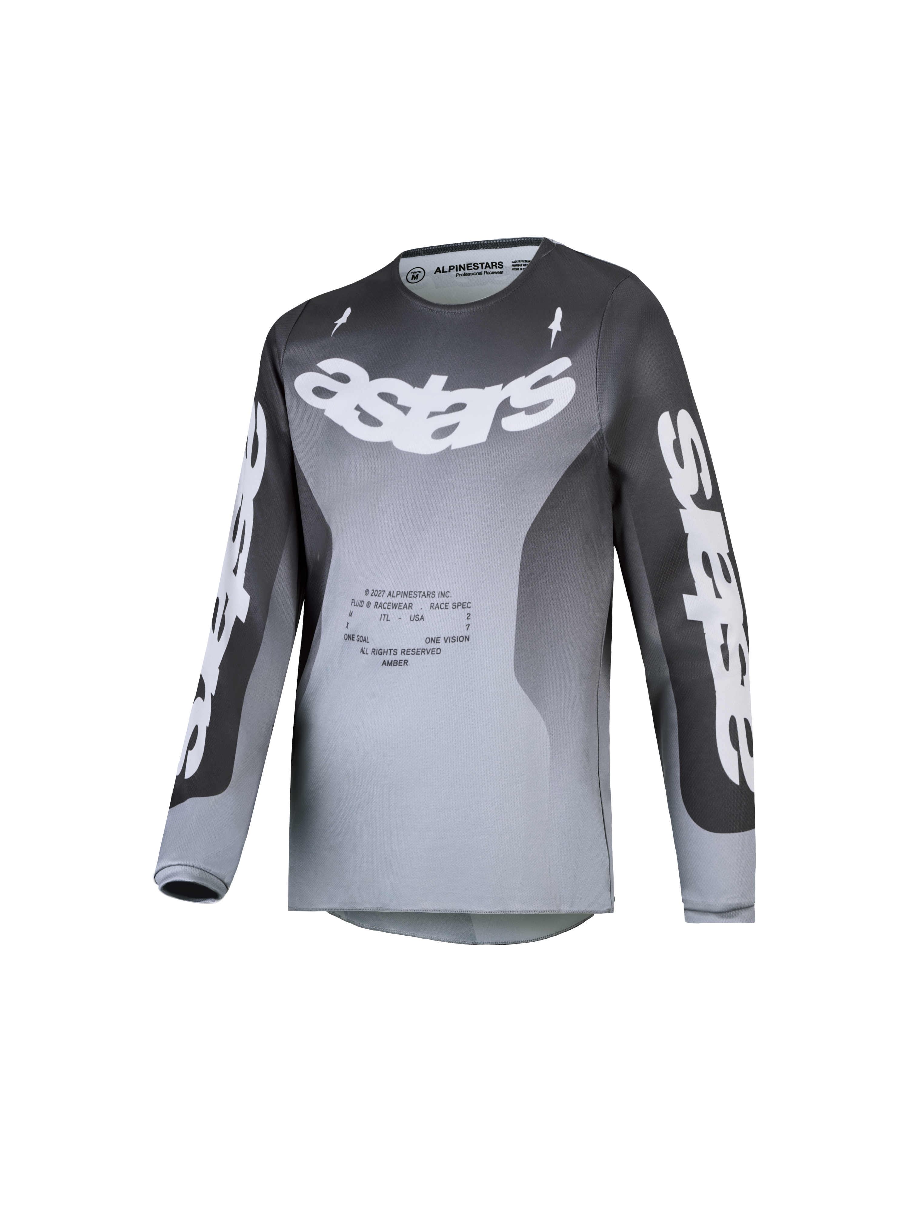 Alpinestars Maglia Fluid Amber Ragazzo 2027, maglia da motocross grigia e bianca, tessuto tecnico traspirante per fuoristrada.