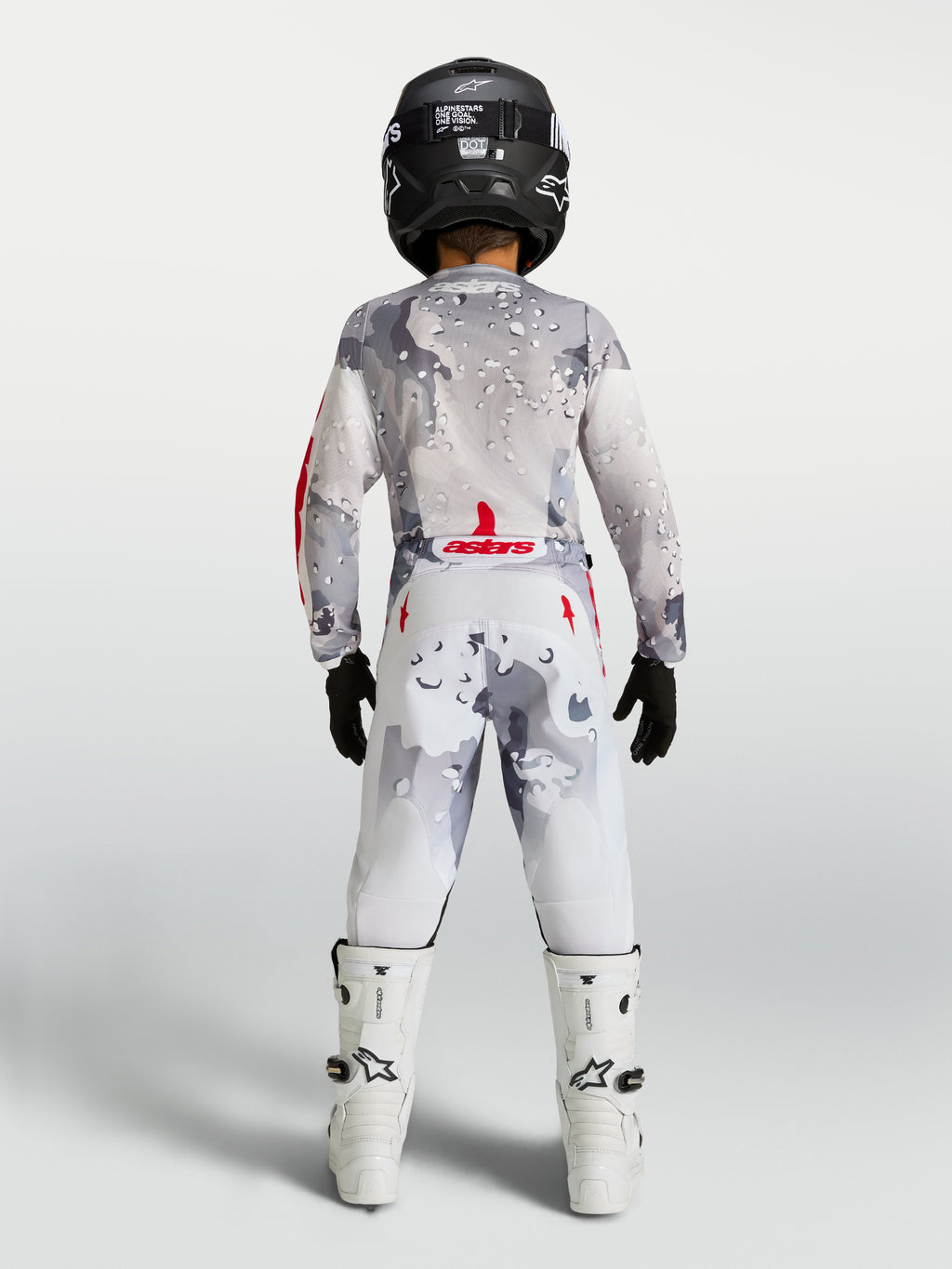 Alpinestars Maglia Fluid Lone Ragazzo 2027 e Ragazzo Fluid Lone Gear Set, completo motocross grigio camouflage e bianco con accenti rossi, vista posteriore