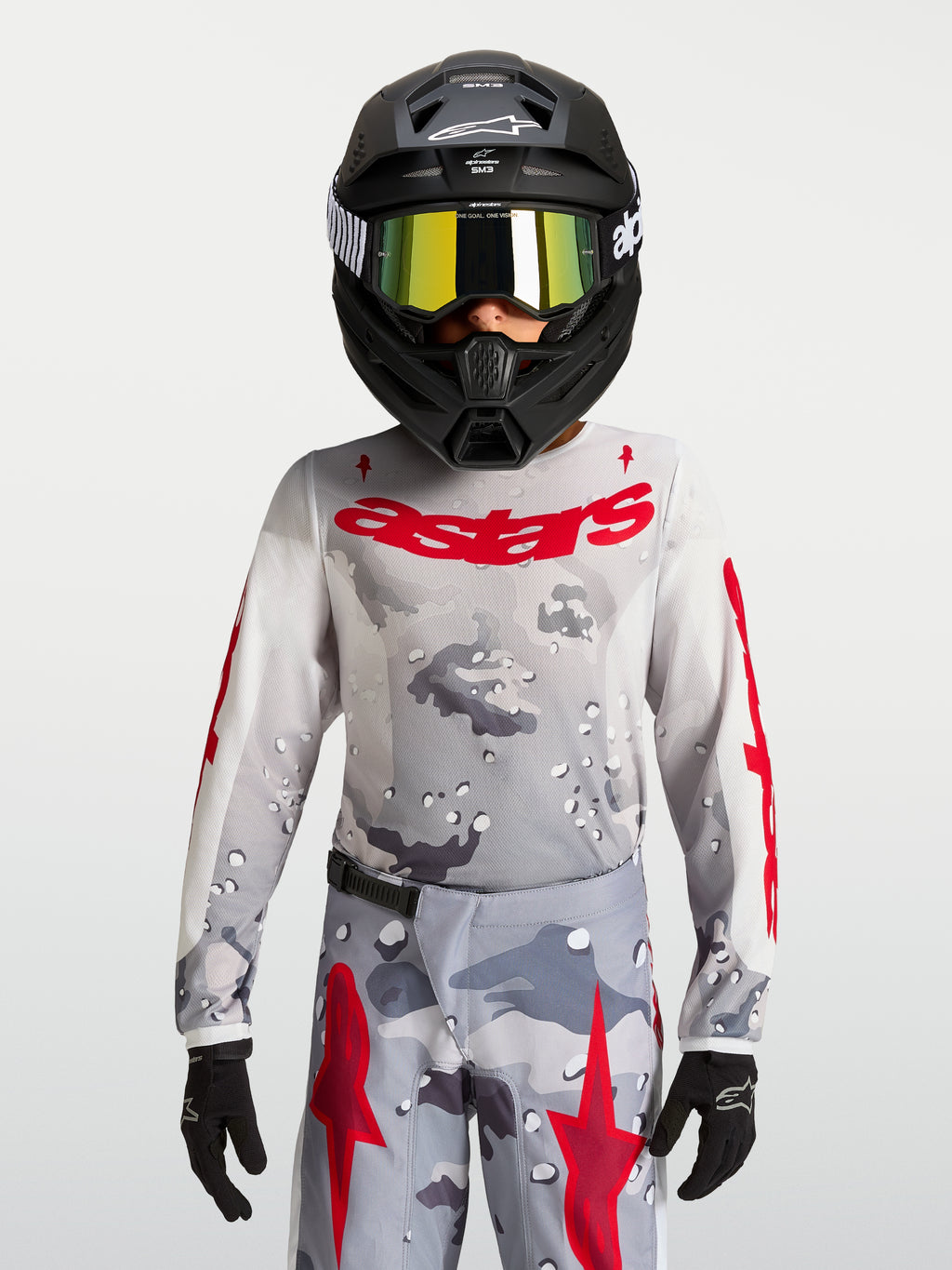 Alpinestars Maglia Fluid Lone Ragazzo 2027, maglia motocross grigio mimetico e rosso fuoco, in politessuto per ragazzi.