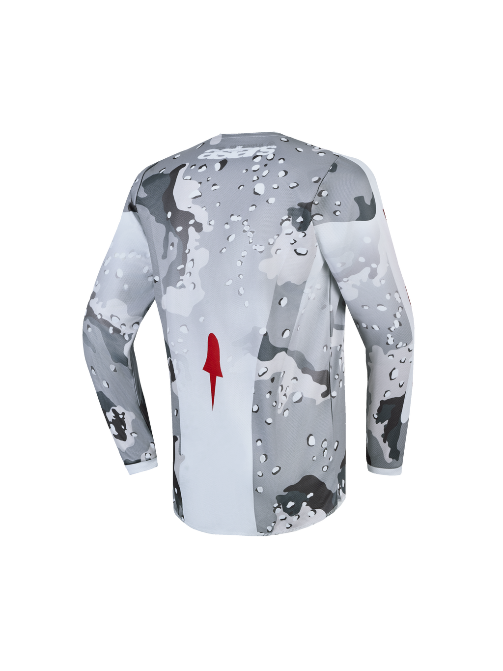 Alpinestars Maglia Fluid Lone Ragazzo 2027, maglia motocross grigio camo e bianco con dettaglio rosso, vista posteriore.