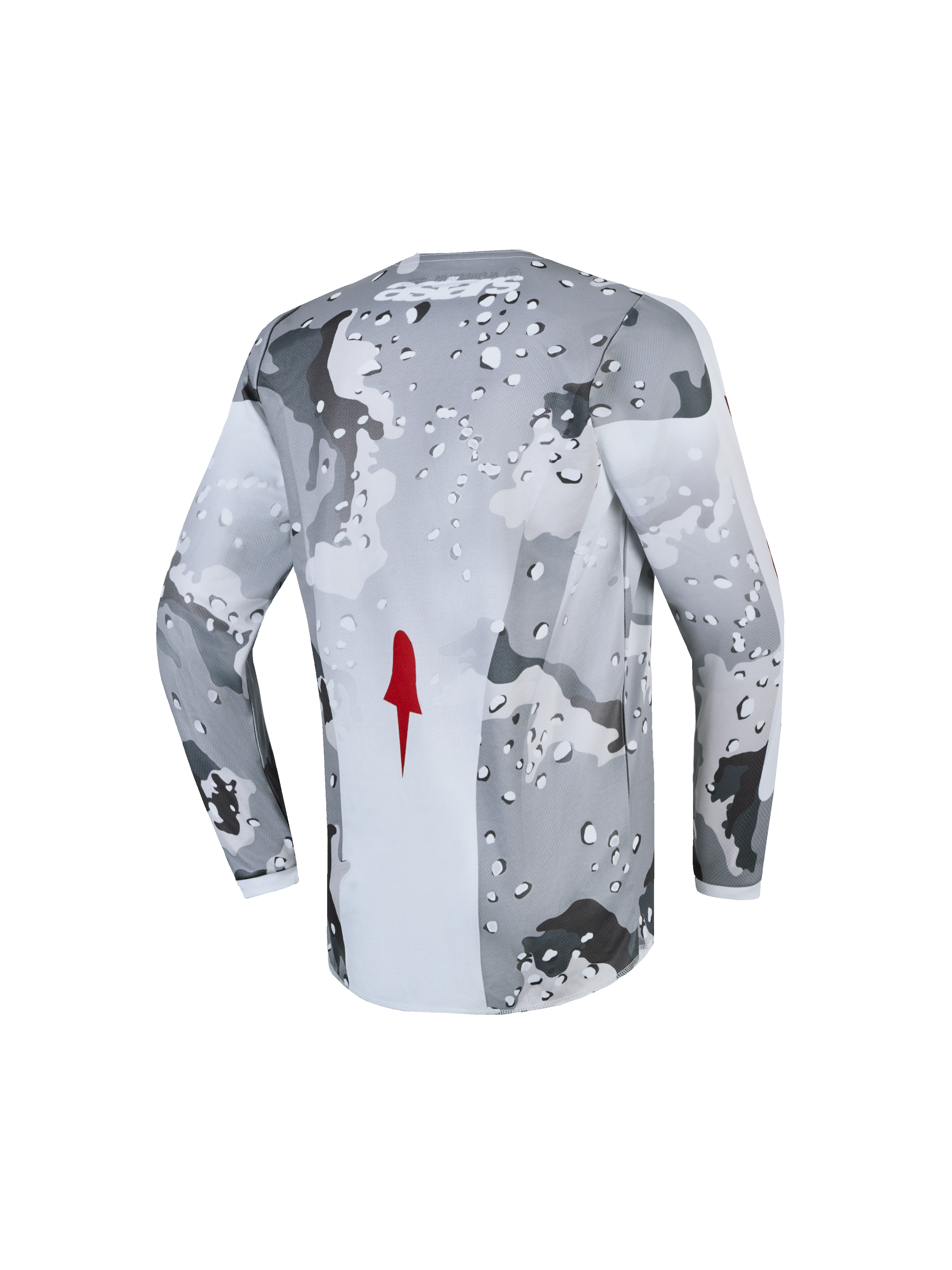 Alpinestars Maglia Fluid Lone Ragazzo 2027, maglia motocross grigio camo e bianco con dettaglio rosso, vista posteriore.