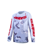 Alpinestars Maglia Fluid Lone Ragazzo, maglia da motocross grigia e rossa con grafica camouflage, in poliestere traspirante per giovani piloti.