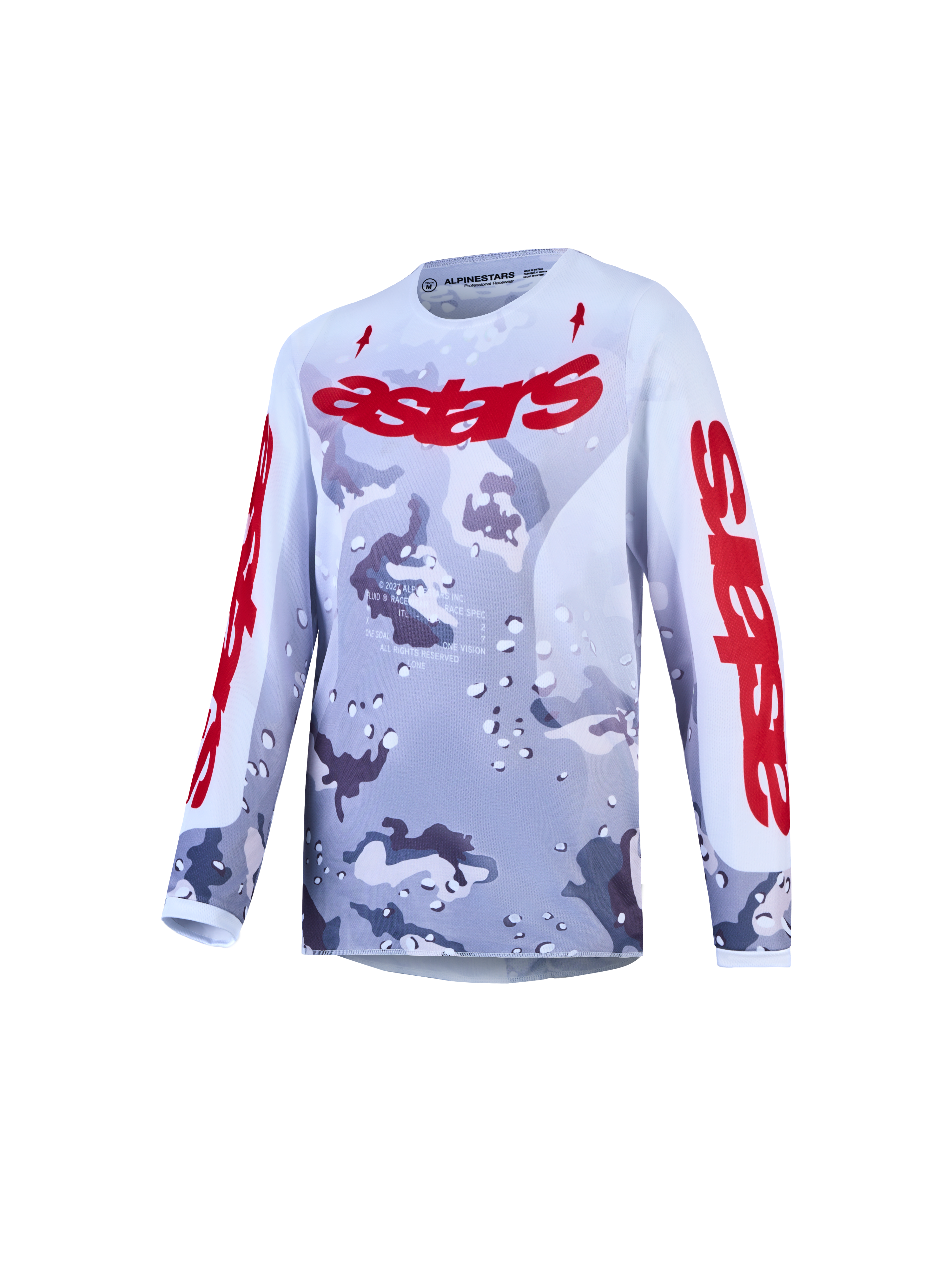 Alpinestars Maglia Fluid Lone Ragazzo, maglia da motocross grigia e rossa con grafica camouflage, in poliestere traspirante per giovani piloti.