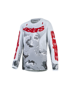Alpinestars maglia Fluid Lone ragazzo, maglia da motocross per ragazzi, grigio e rosso, traspirante con motivo camouflage.