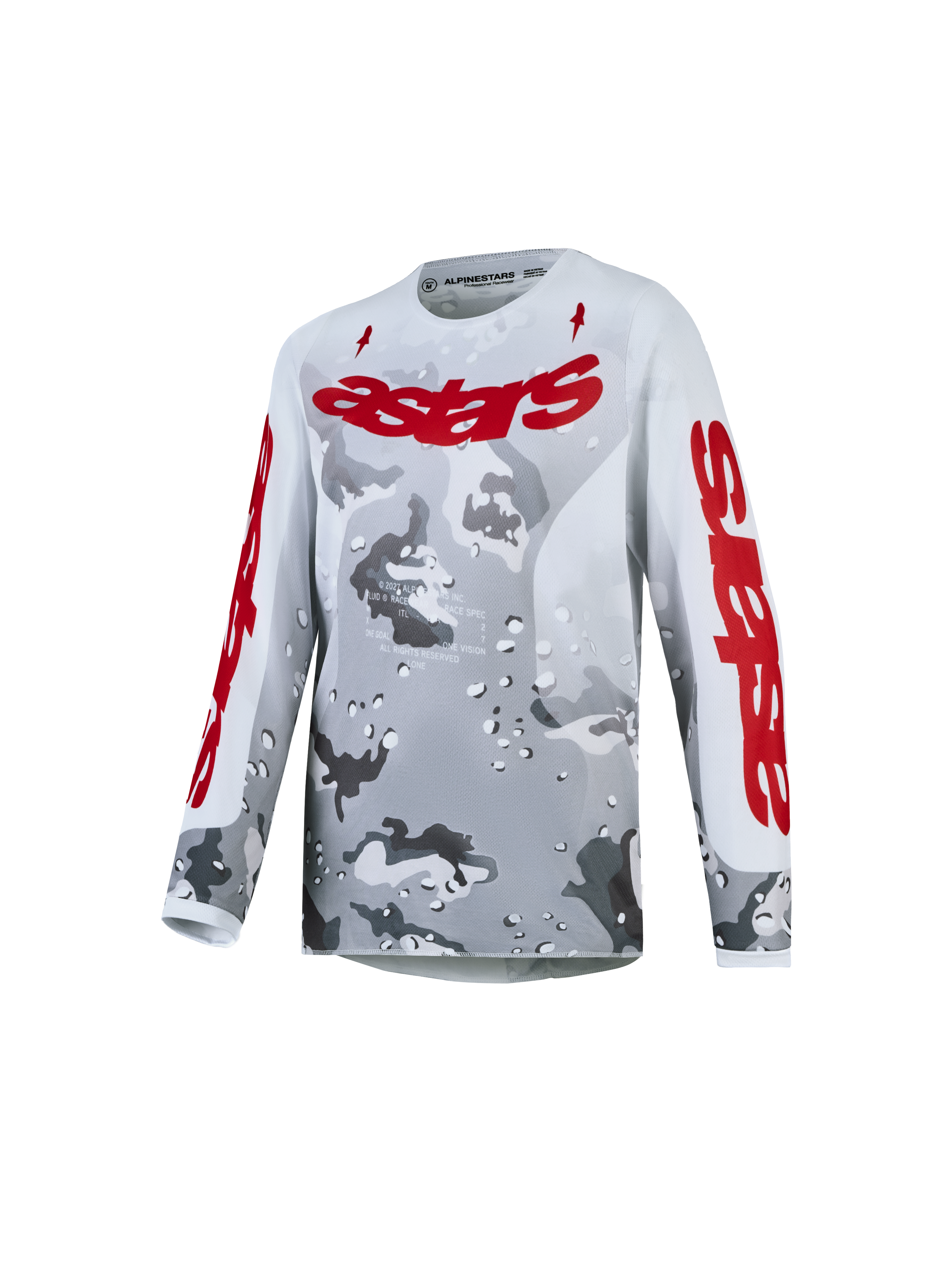 Alpinestars maglia Fluid Lone ragazzo, maglia da motocross per ragazzi, grigio e rosso, traspirante con motivo camouflage.