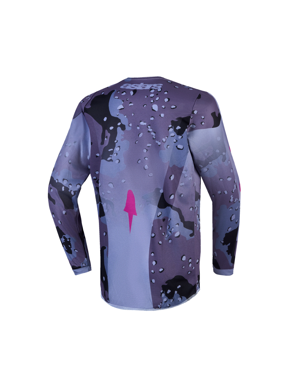 Maglia Fluid Lone ragazzo Alpinestars, maglia motocross grigio camo e viola, vista posteriore con orlo allungato, traspirante