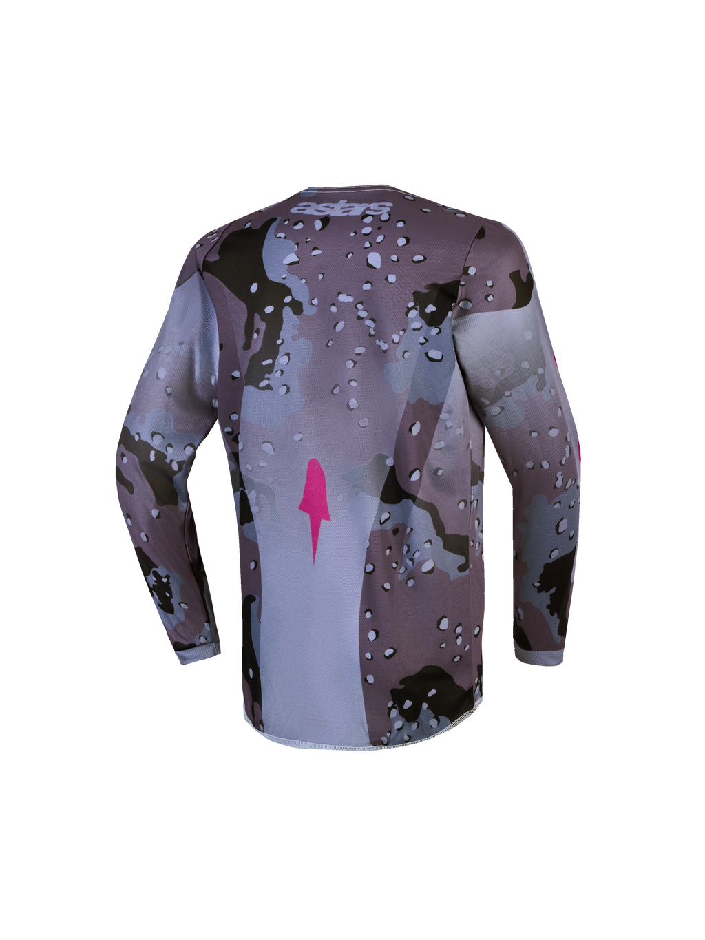 Alpinestars maglia Fluid Lone ragazzo, maglia motocross grigio camo e viola, tessuto traspirante e orlo posteriore allungato.