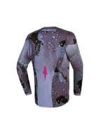 Alpinestars maglia Fluid Lone ragazzo, maglia motocross grigio camo e viola, tessuto traspirante e orlo posteriore allungato.