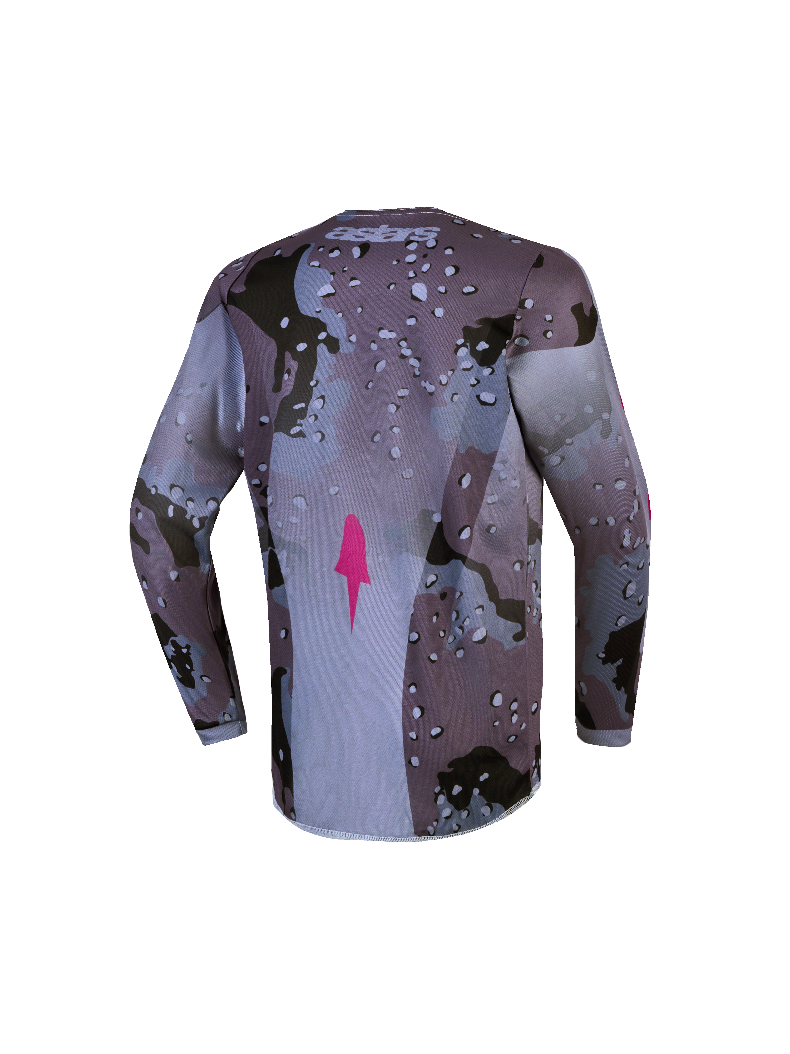 Alpinestars maglia Fluid Lone ragazzo, maglia motocross grigio camo e viola, tessuto traspirante e orlo posteriore allungato.