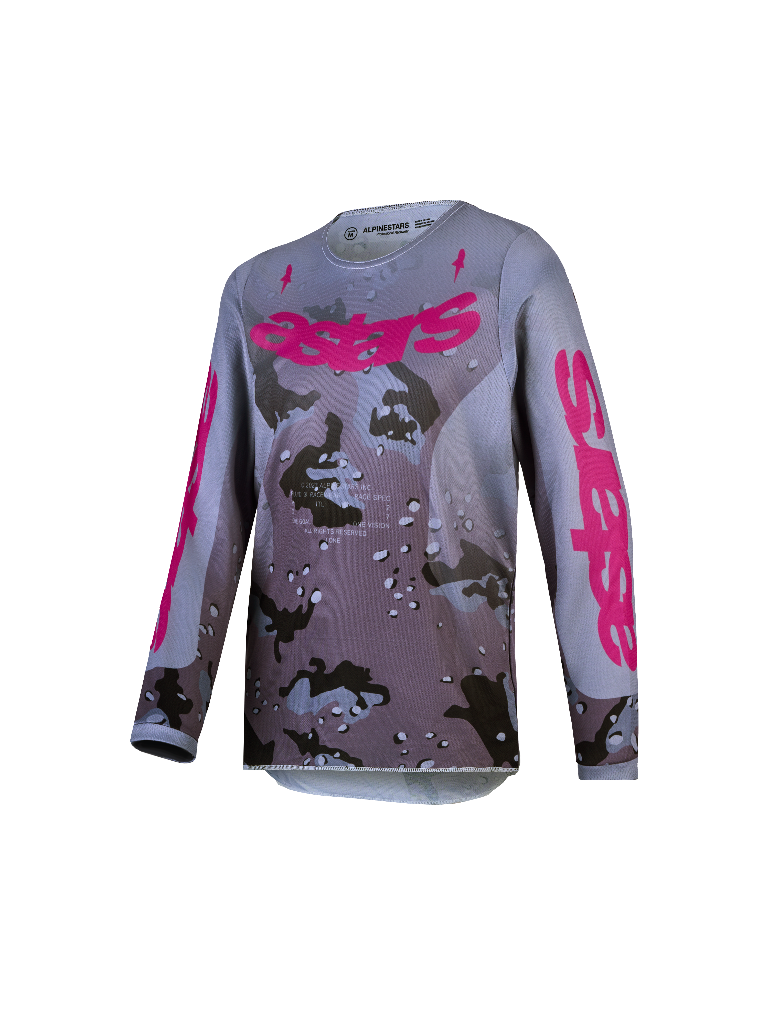 Alpinestars Maglia Fluid Lone Ragazzo 2027, maglia da motocross per ragazzi, grigio camouflage e viola, tessuto traspirante.
