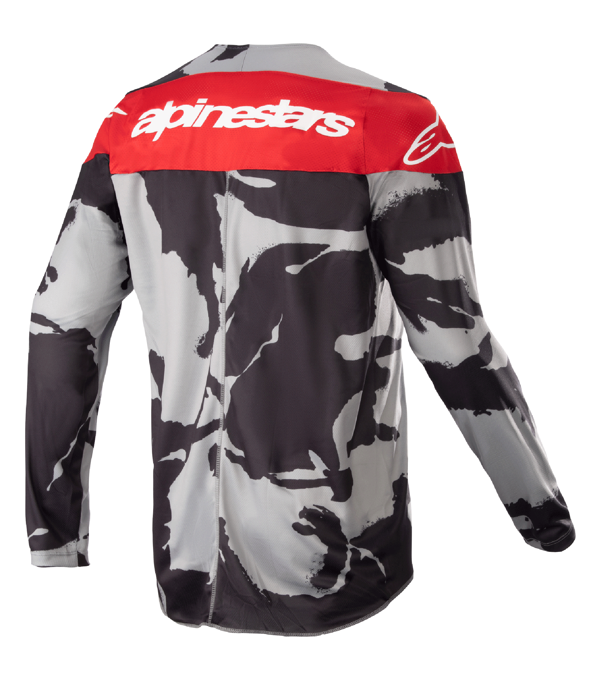 Alpinestars Youth 2023 Racer Tactical Jersey, maglia da motocross, grigio mimetico e rosso Mars, vista posteriore con pannello sulle spalle rosso e logo Alpinestars bianco, motivo mimetico astratto nero e grigio, abbigliamento leggero e traspirante per corse off-road