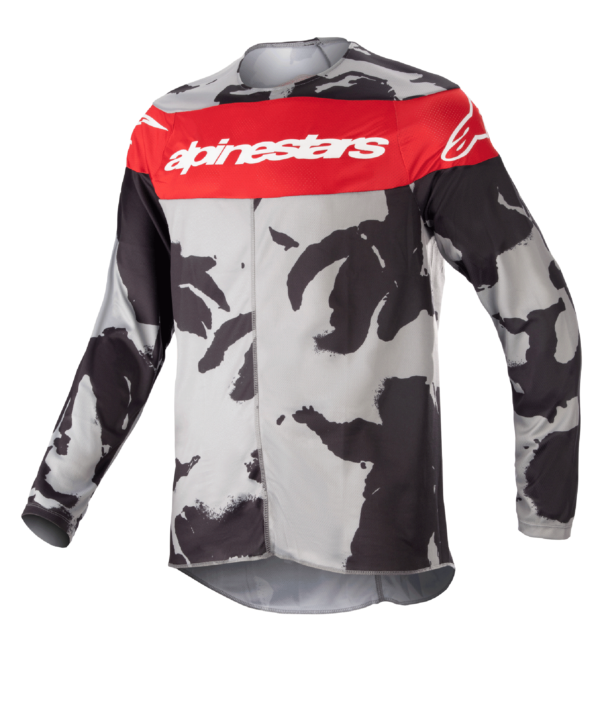Alpinestars Youth 2023 Racer Tactical Jersey, maglia da motocross, Cast Gray Camo e Mars Red, con banda rossa orizzontale sul petto e logo Alpinestars bianco, pattern mimetico grigio e nero, tessuto leggero e traspirante per la guida fuoristrada