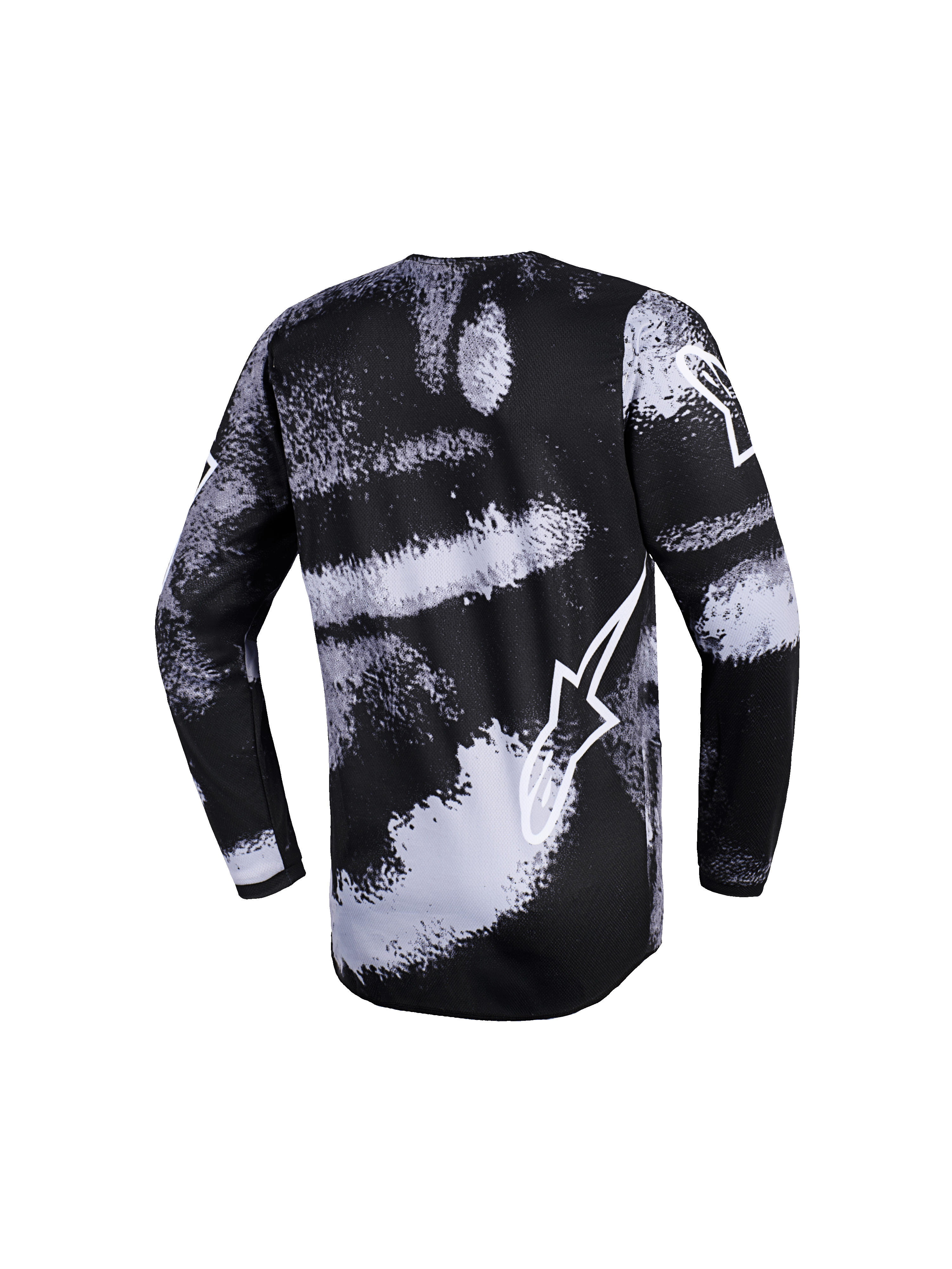 Alpinestars Maglia Youth Fluid Lahnd 2026, maglia da motocross, design a pennellate Iron Camo bianco e nero, vista posteriore, maniche lunghe, con profilo del logo Alpinestars bianco, abbigliamento fuoristrada ad alte prestazioni