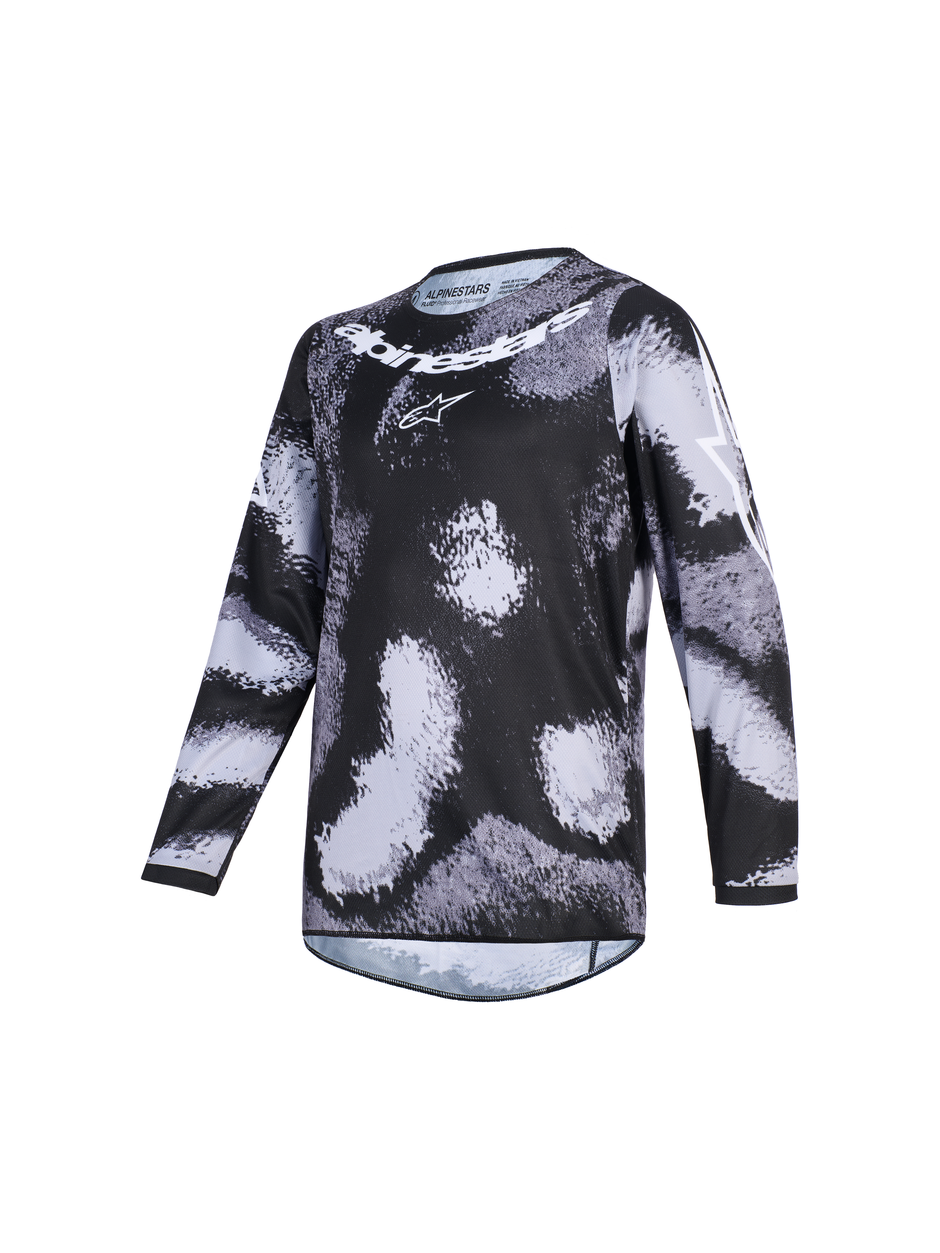 Alpinestars 2026 Racer Lahnd Jersey, maglia da motocross, Iron Camo, motivo mimetico nero e grigio, scritta e logo Alpinestars bianchi sul petto, abbigliamento tecnico da fuoristrada a maniche lunghe