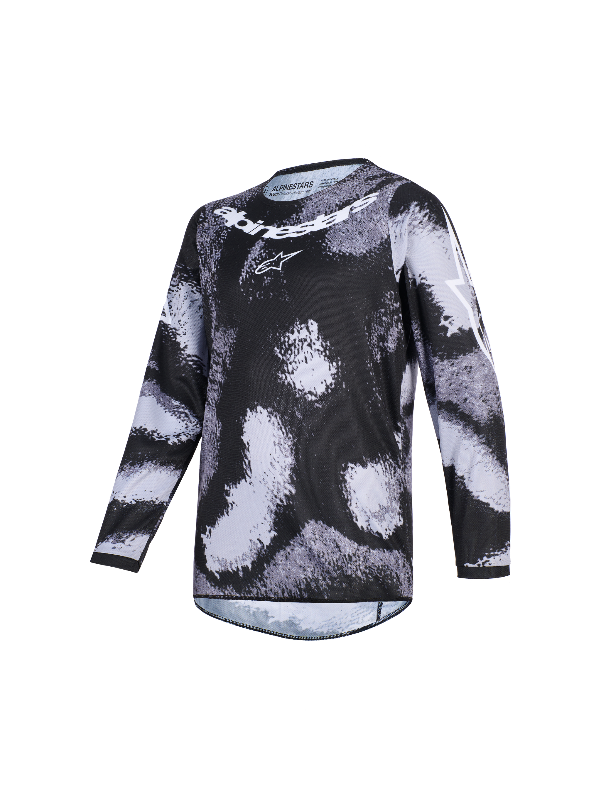 Maglia Alpinestars Youth Fluid Lahnd 2026, maglia da motocross, camouflage Iron nero e grigio, con marchio Alpinestars bianco sul petto e sulle maniche, a maniche lunghe, abbigliamento tecnico da fuoristrada